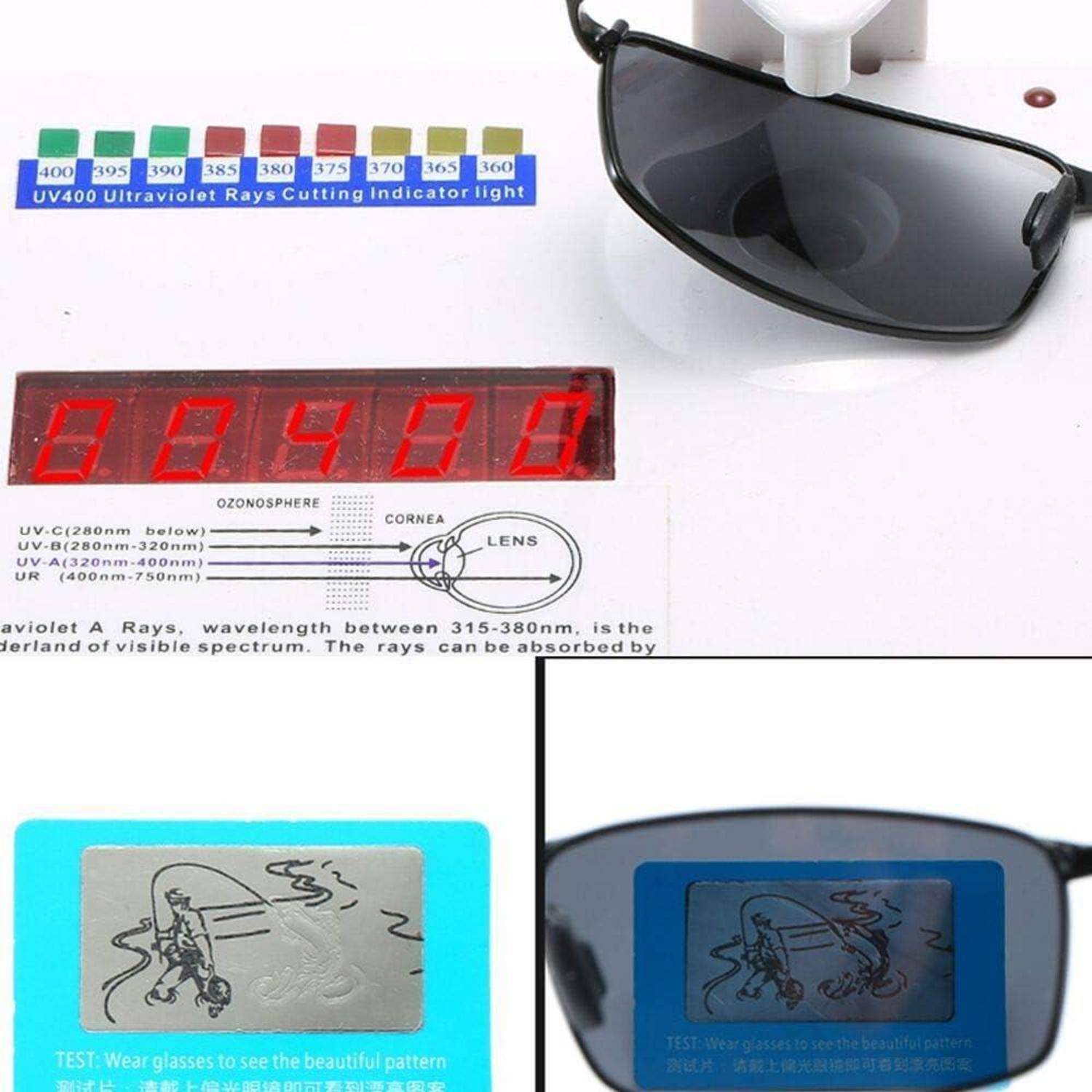 Sonnenbrille unter einer UV-Lampe demonstrieren den UV-Schutz. Der blaue Bildschirm zeigt ein Bild, wenn UV-Strahlen blockiert werden, was die Wirksamkeit anzeigt.