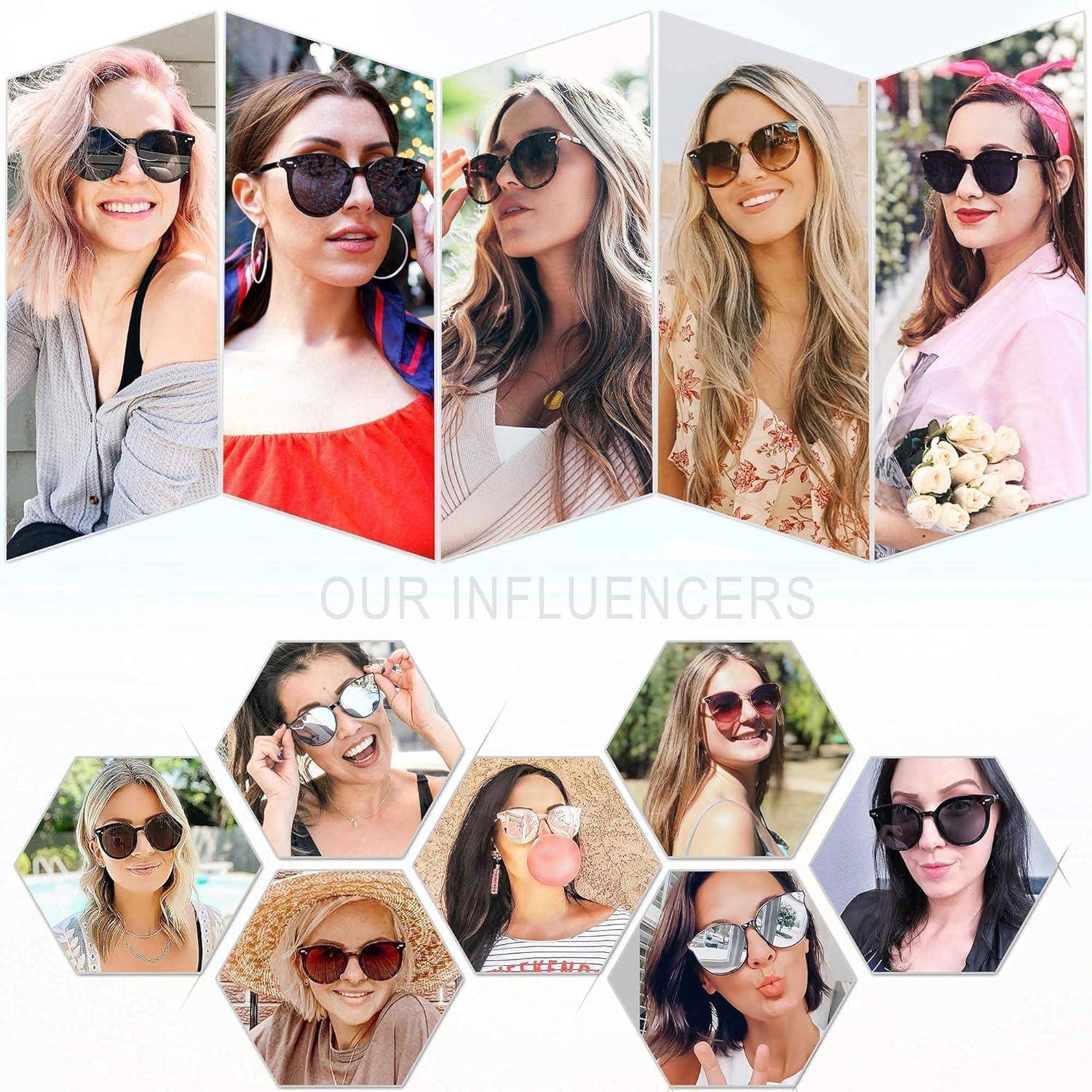 Sechseckige Collage vielfältiger Personen, die Sonnenbrillen und stilvolle Outfits tragen. Text darunter liest sich ‚Unsere Influencer.