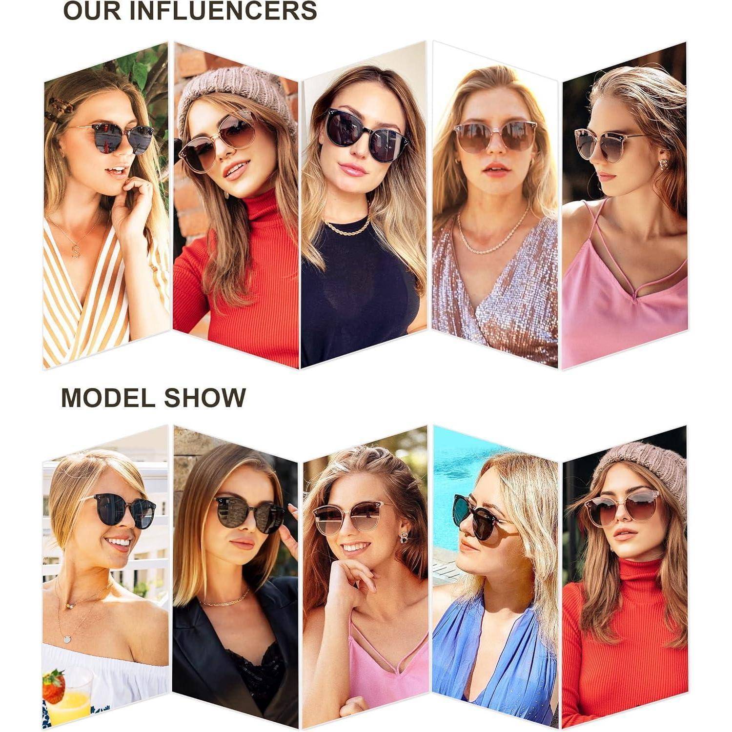 Die Bereiche 'Unsere Influencer' und 'Model Show' präsentieren Personen, die verschiedene Sonnenbrillen tragen und unterschiedliche Stile und Erscheinungsbilder demonstrieren.