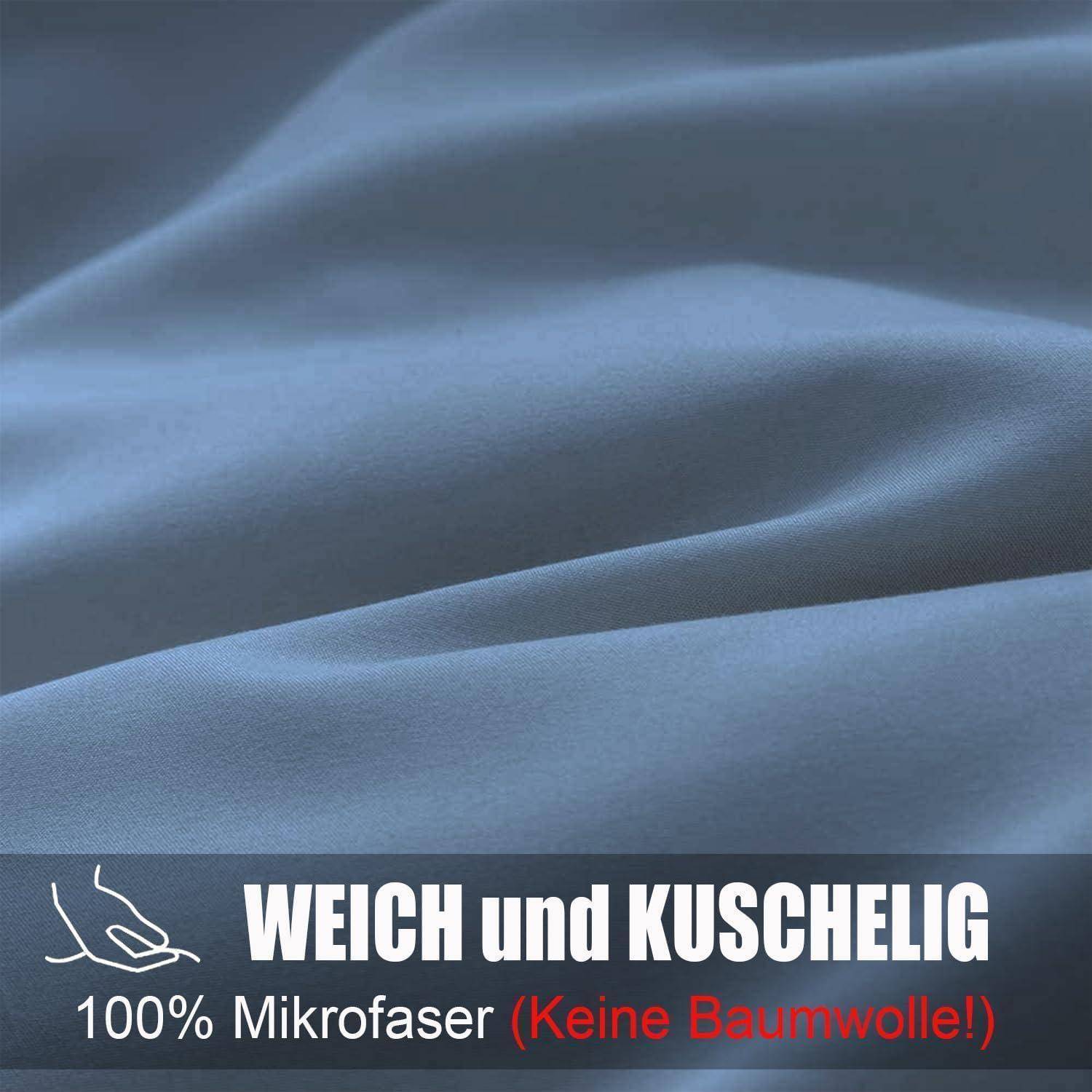 Blaue Mikrofaserstoff mit weicher Textur. Text liest sich: 'Weich und Kuschelig', '100% Mikrofaser (Keine Baumwolle!)
