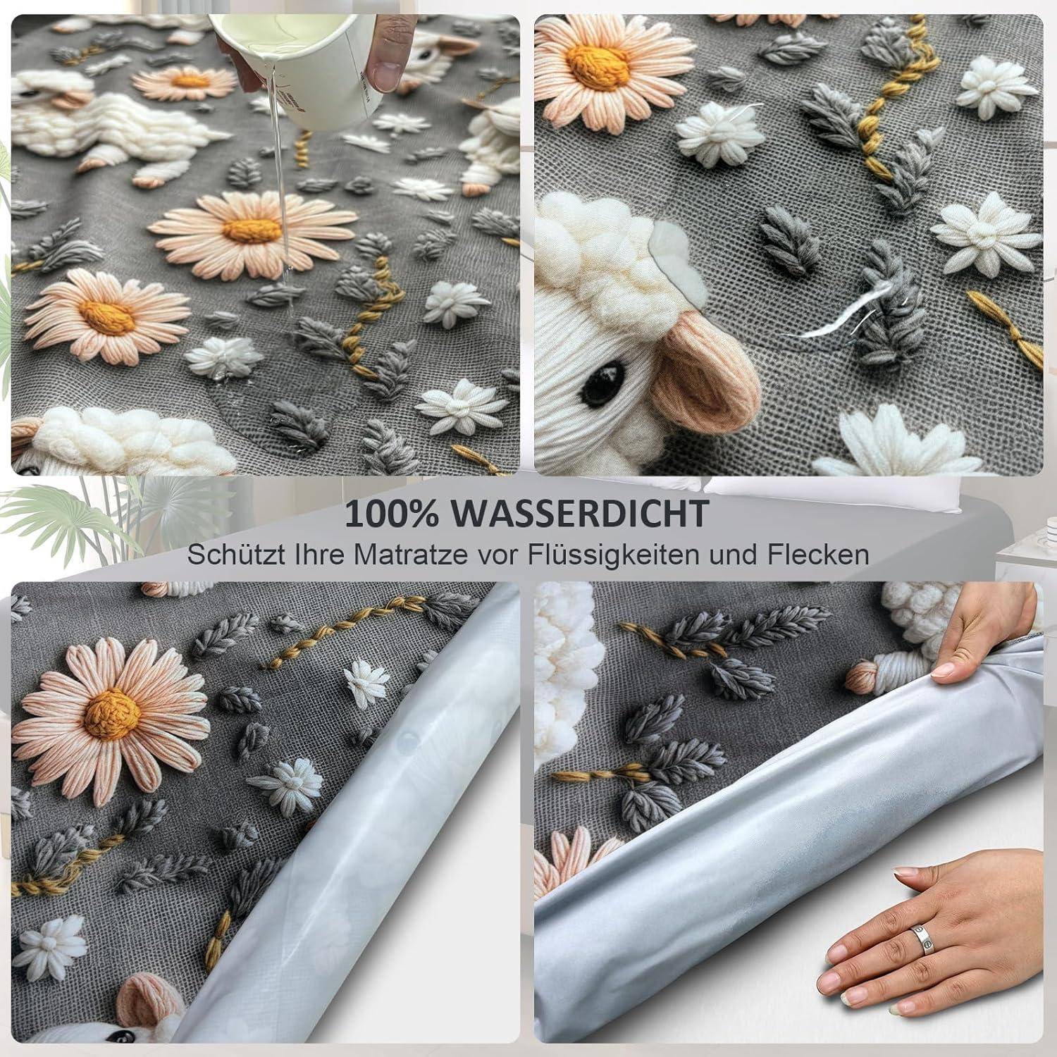 100% wasserdicht - Schützt Ihre Matratze vor Flüssigkeiten und Flecken.' Das Bild zeigt einen wasserdichten Matratzenschutz mit Blumenstickerei und demonstriert die Flüssigkeitsbeständigkeit.