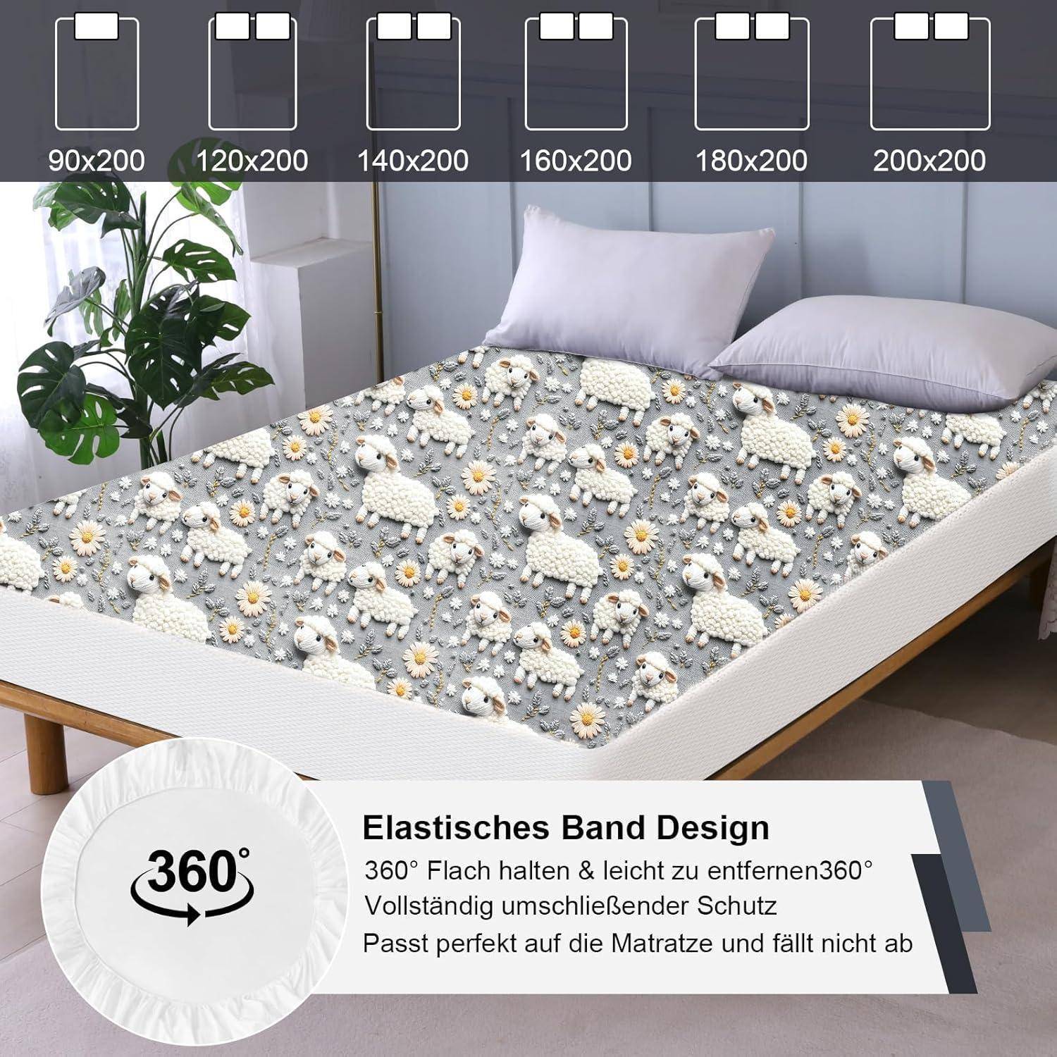 Spannbettlaken mit Schaf- und Gänseblümchenmuster, erhältlich in verschiedenen Größen von 90x200 bis 200x200 cm. Ausgestattet mit 360°-Gummizug für eine perfekte Passform.