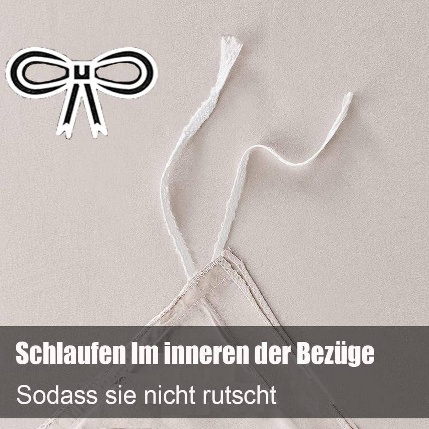 Eine Nahaufnahme einer Bettdeckenecke mit einer eingenähten Schlaufe. Der deutsche Text lautet: 