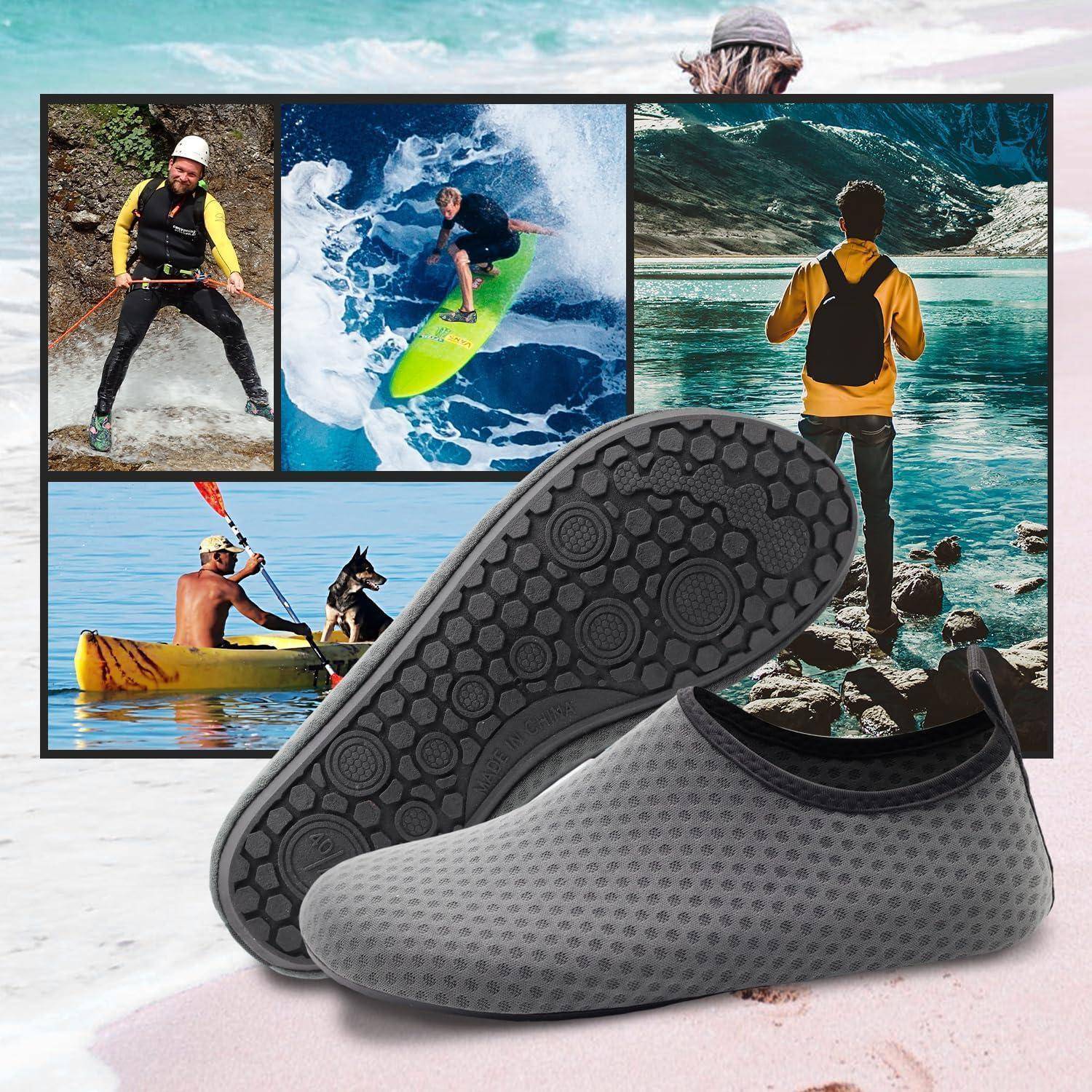 Eine Collage von Outdoor-Aktivitäten mit einem Paar grauer Slip-on-Schuhe im Vordergrund, die Wandern, Surfen, Kajakfahren und Sightseeing zeigen.
