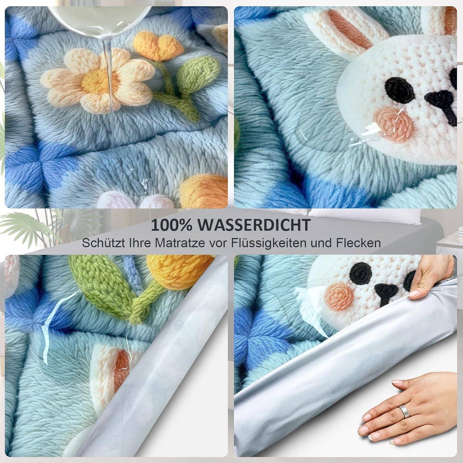 Vier Bilder zeigen einen wasserdichten Matratzenbezug mit bunten Blumen- und Kaninchenmotiven. Wassertropfen perlen auf der Oberfläche und demonstrieren seine Wasserabweisende Eigenschaft.