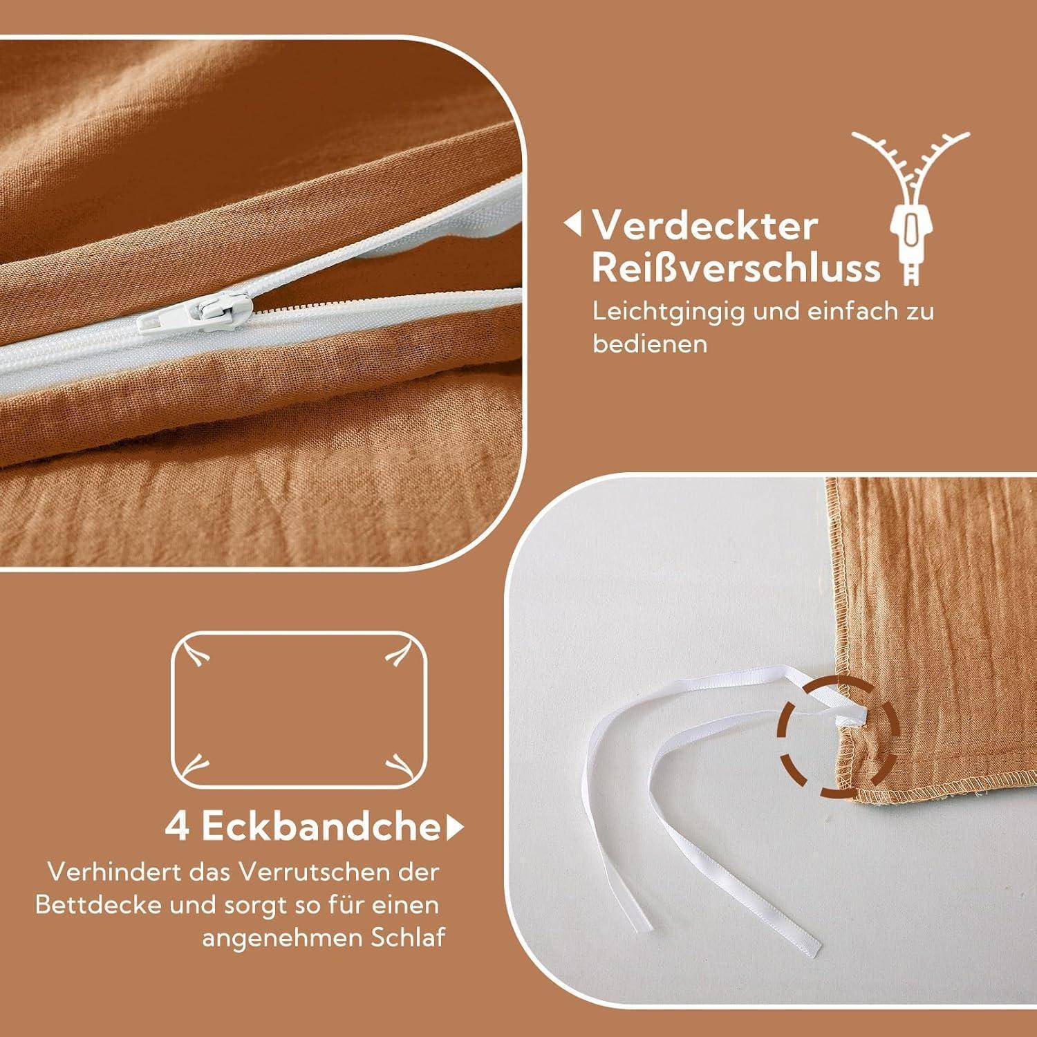 Brauner Bettbezug mit verstecktem Reißverschluss und vier Eckenaufhängungen für sicheres Bettzeug; deutscher Text erklärt einfache Handhabung und sicheren Sitz.