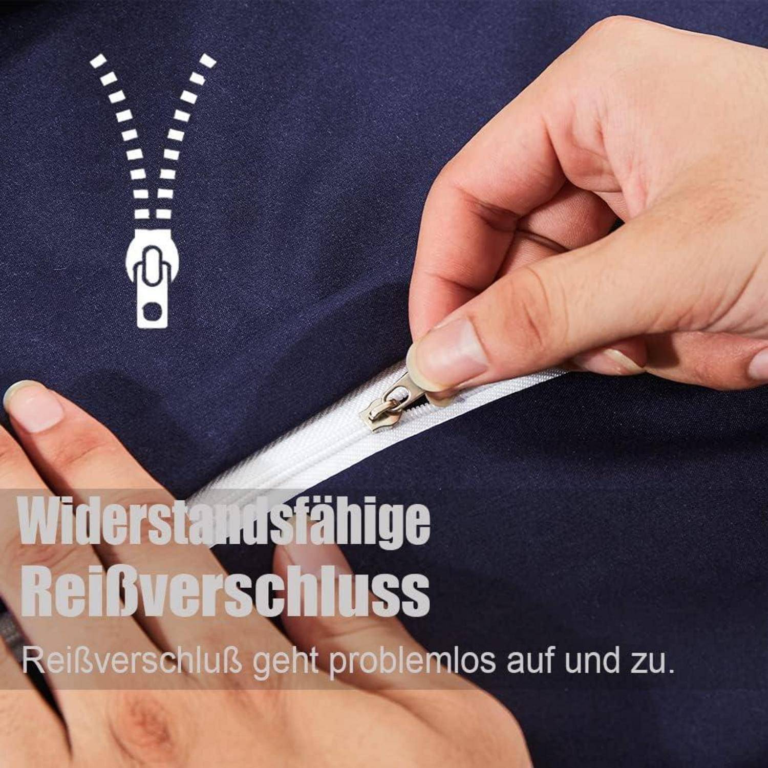 Eine Hand zieht einen Reißverschluss an einem blauen Stoff. Text auf Deutsch liest: 'Widerstandsfähiger Reißverschluss' und 'Reißverschluss geht problemlos auf und zu.