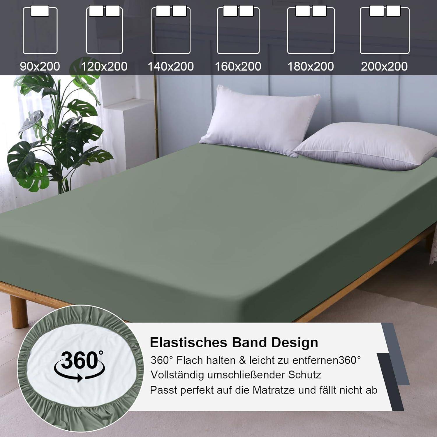 Ein Bett mit einem grünen Spannbettlaken und weißen Kissen wird gezeigt. Fünf Größen sind abgebildet: 90x200 bis 200x200. Der Text hebt das 360°-Elastikband-Merkmal hervor.