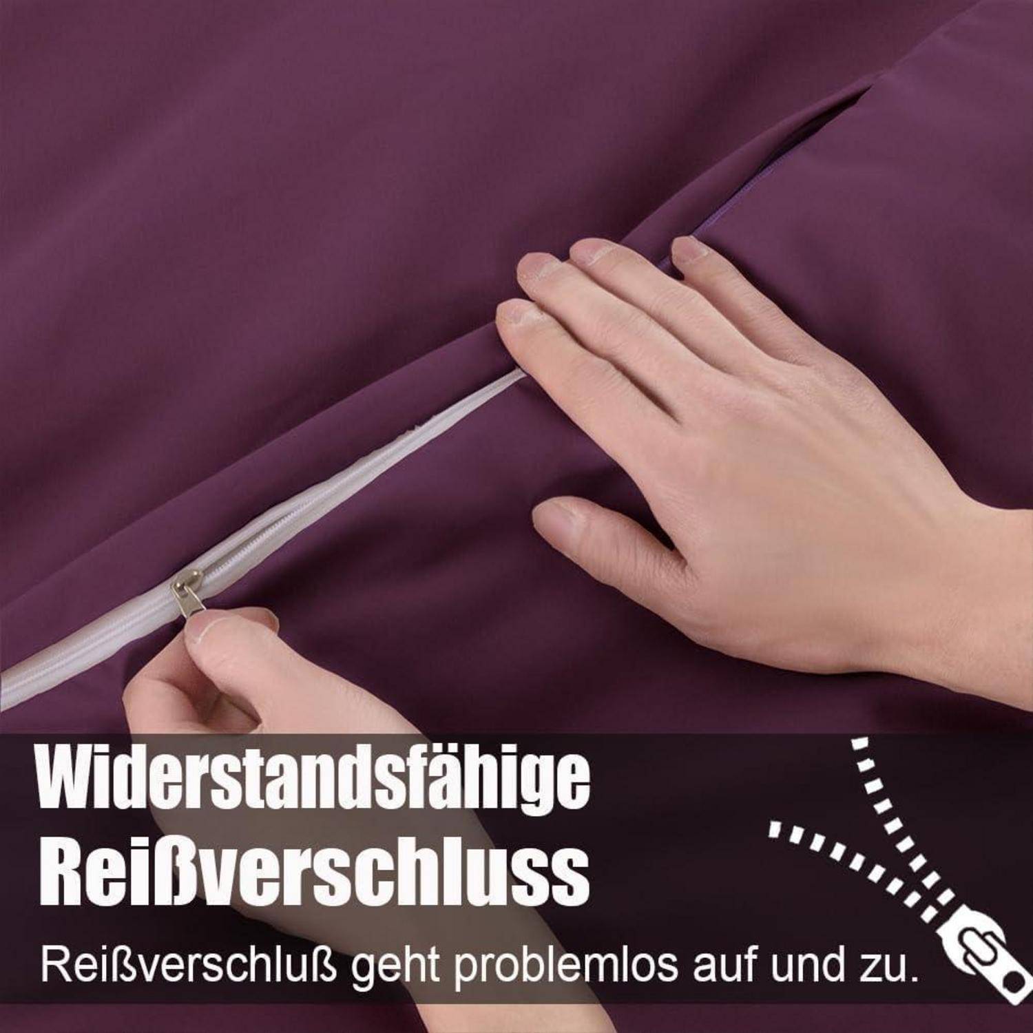 Eine Hand, die einen violetten Stoff mit einem Reißverschluss schließt, mit deutschem Text, der einen strapazierfähigen Reißverschluss bewirbt und die Benutzerfreundlichkeit hervorhebt.