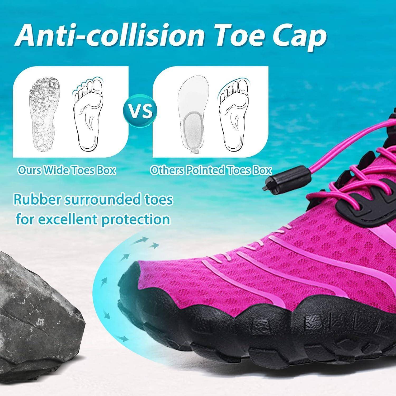 Pinker Schuh mit hervorgehobener Zehenkappe mit Aufprallschutz. Zeigt Vergleich der Vorteile von breiter und spitzer Zehenform für hervorragenden Schutz.