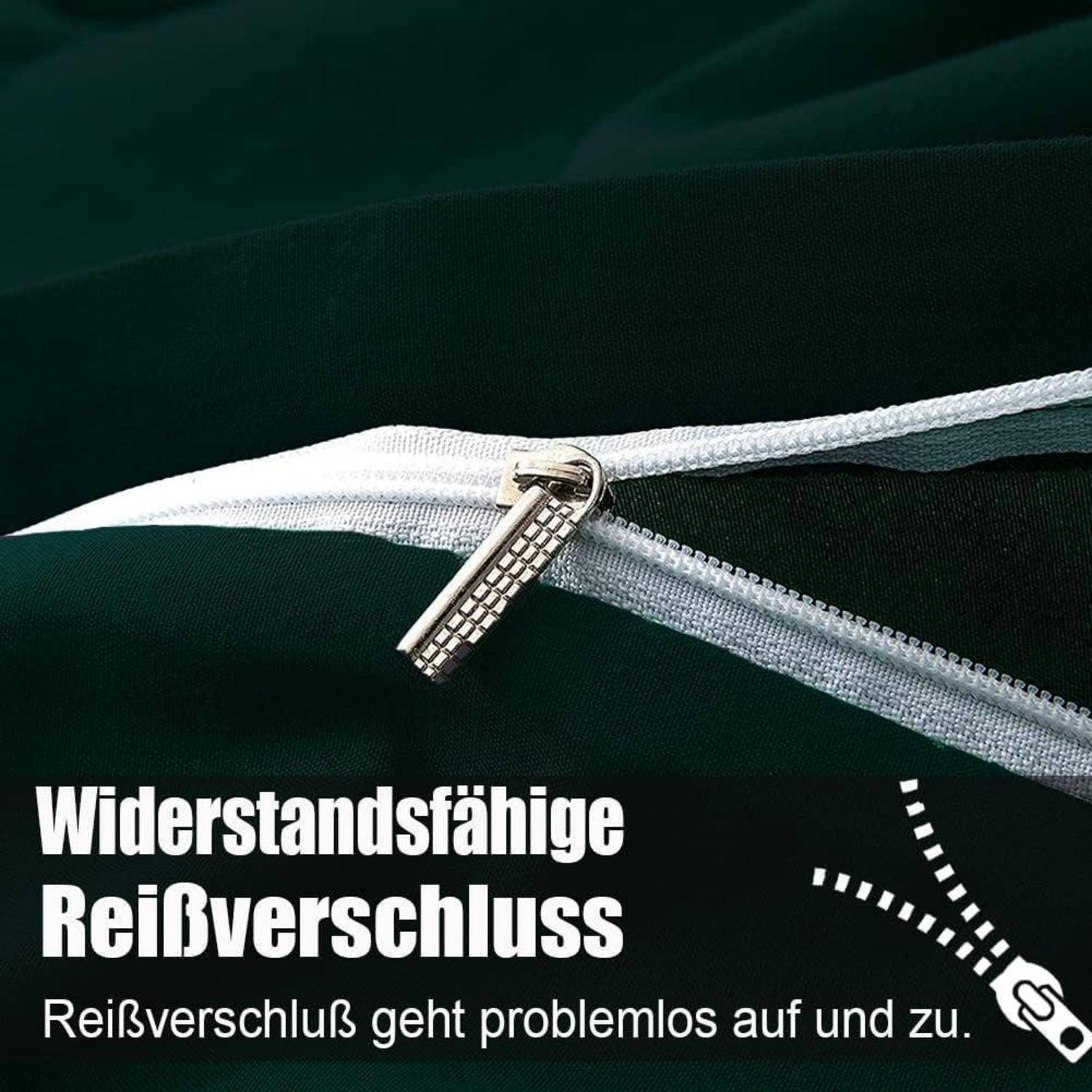 Eine Nahaufnahme eines gezippten Stoffs mit dem Text 'Widerstandsfähige Reißverschlüsse' und 'Reißverschluss geht problemlos auf und zu.
