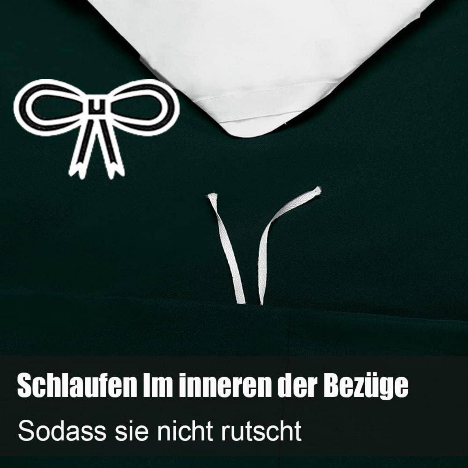 Eine weiße Stoffschlaufe, die in einen dunkelgrünen Bezug eingenäht ist, mit deutschem Text darunter, der lautet: 