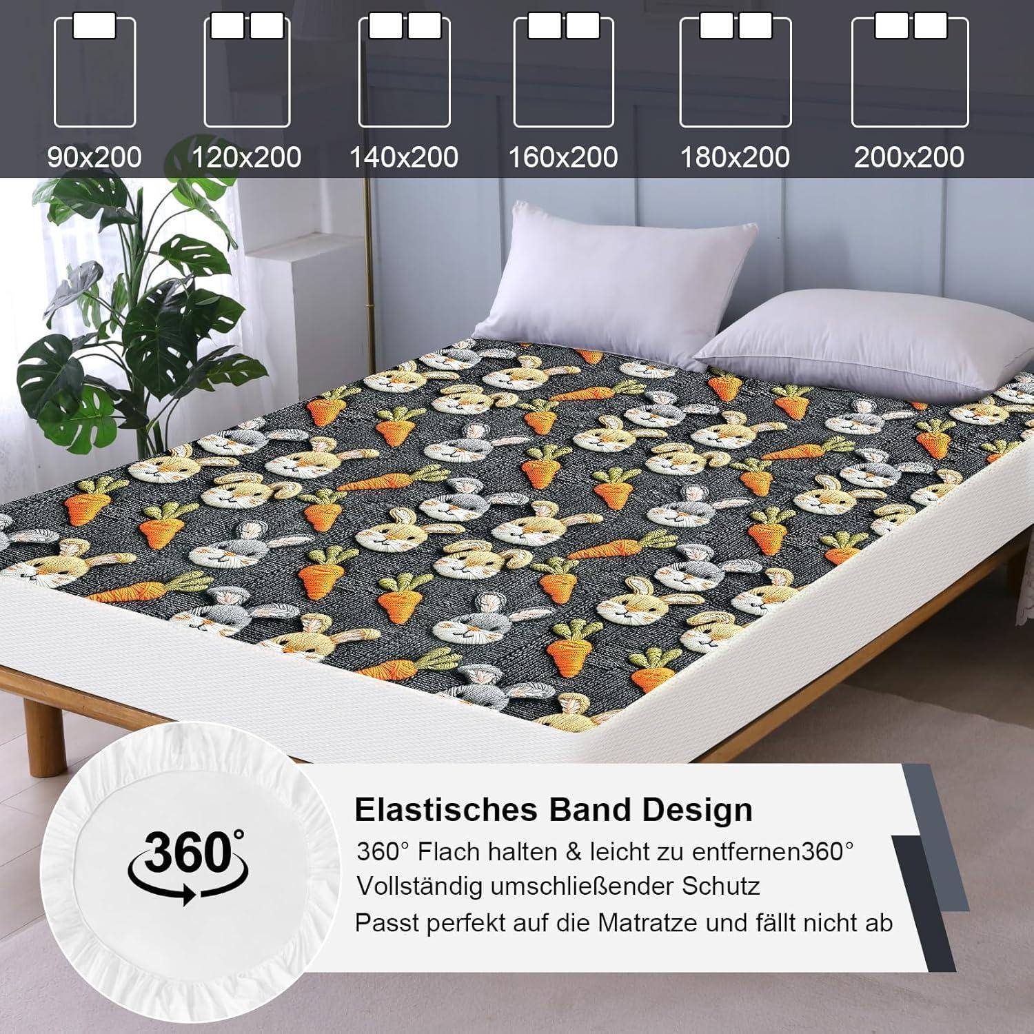 Ein Bett mit einer Matratze, die ein Cartoon-Muster mit einem Hasen und einer Karotte zeigt, umgeben von Größenoptionen und einem Text über das 'Elastische Band Design