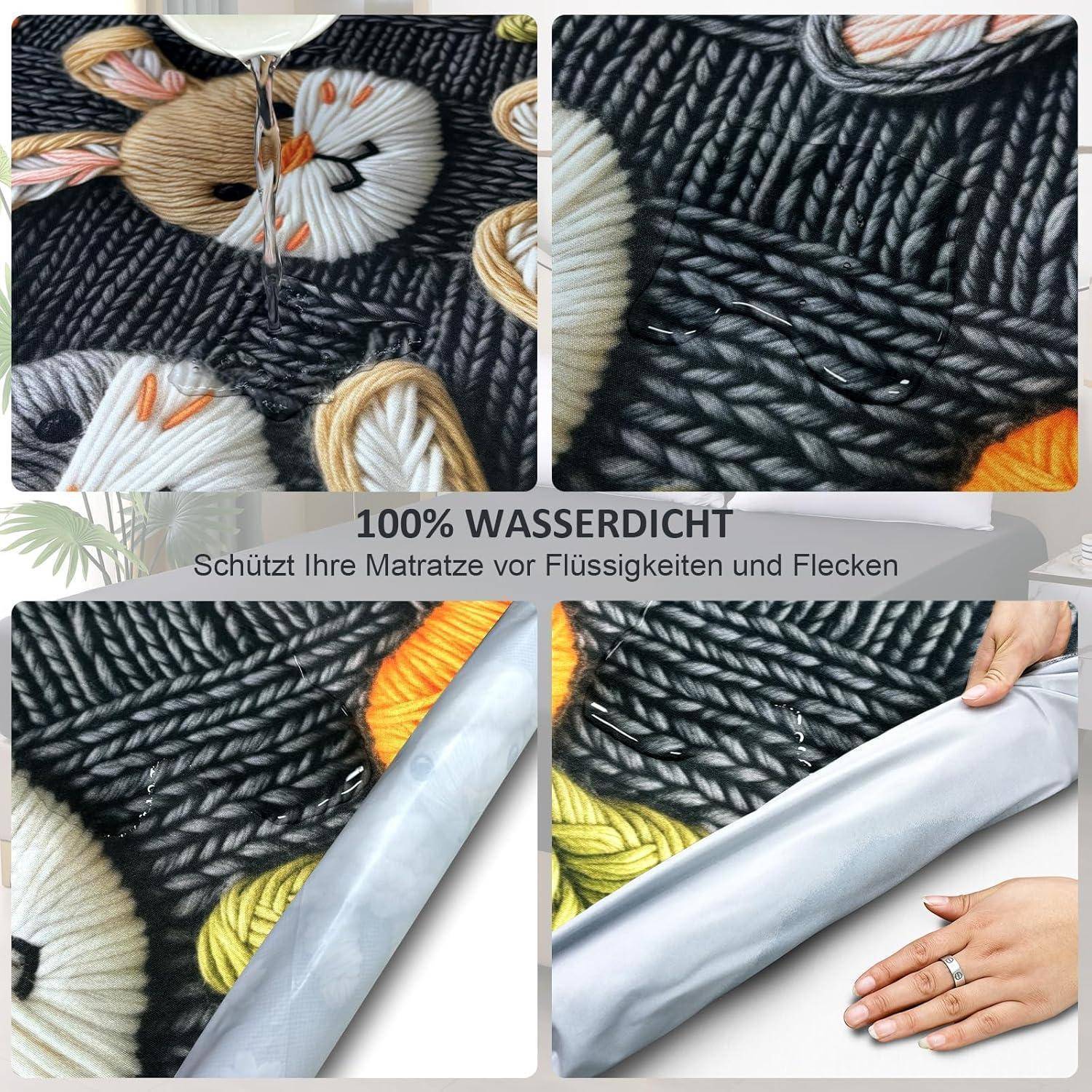 Four images showing a waterproof mattress protector. The first three display its fabric pattern and colorful design. The last shows a hand demonstrating its waterproof layer. Text in German: '100% Wasserdicht. Schützt Ihre Matratze vor Flüssigkeiten und Flecken.