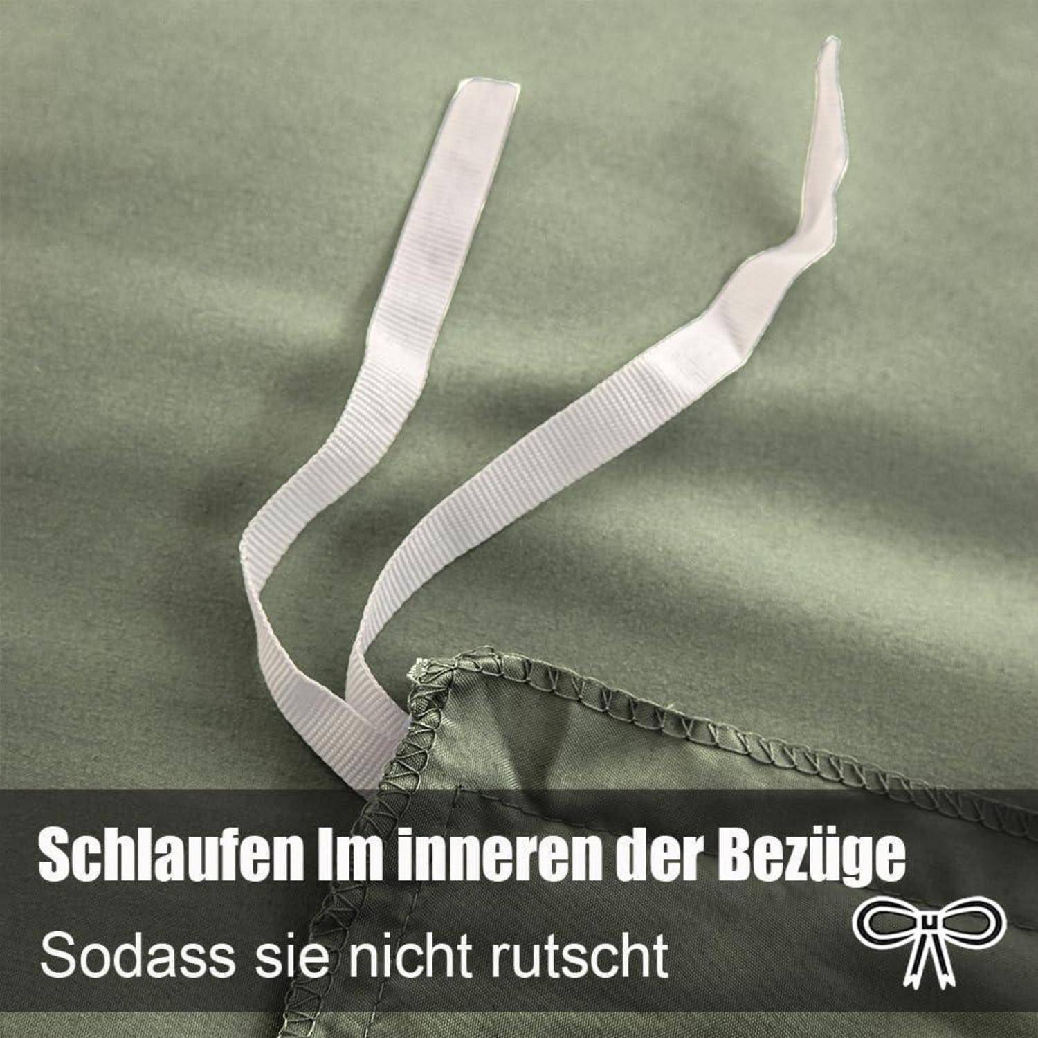 Grüner Stoff mit weißen Schlaufen, Text lautet: 'Schlaufen im Inneren der Bezüge, sodass sie nicht rutschen.