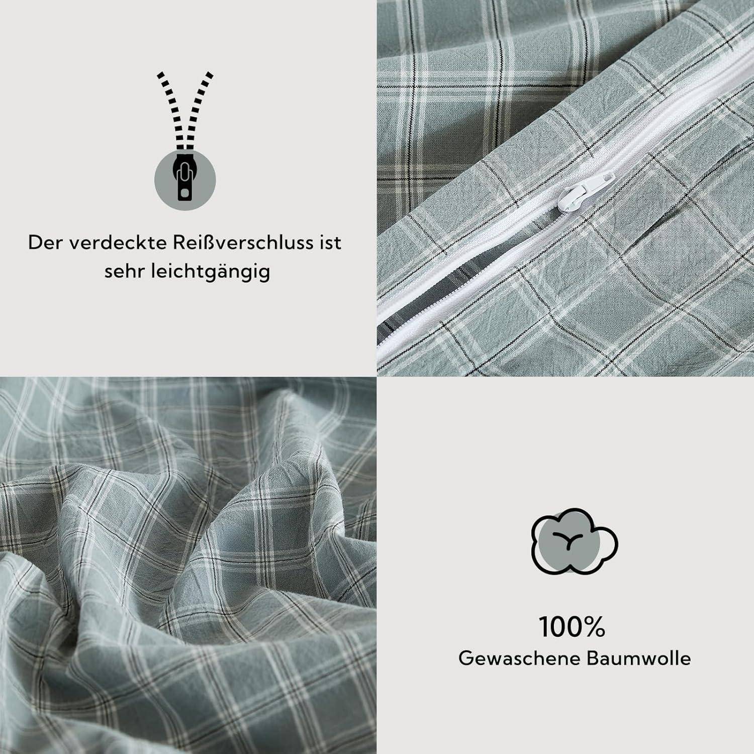 Ein karierter Stoff mit einem verdeckten Reißverschluss. Text lautet: 'Der verdeckte Reißverschluss sehr leichtgängig' und '100% Gewaschene Baumwolle' mit Hinweis auf einen leicht zu bedienenden Reißverschluss und gewaschene Baumwollqualität.