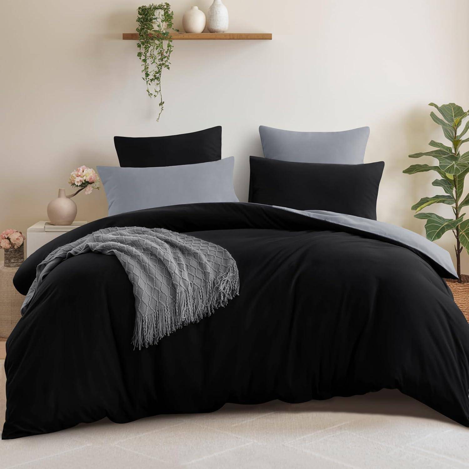 Bettwäsche 3teilig Kissenbezüge 80x80 Mikrofaser 220x240 Schwarz Grau
