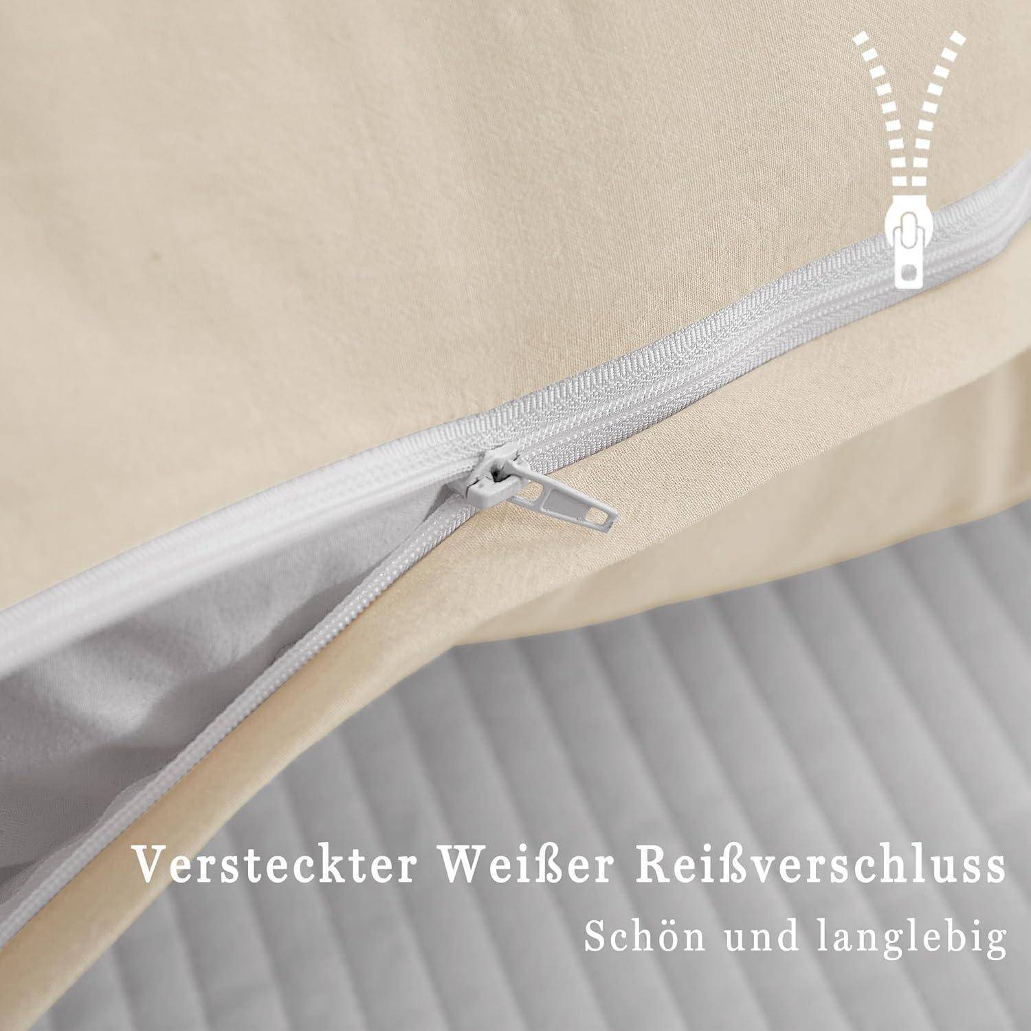 Eine Nahaufnahme eines weißen Reißverschlusses auf beigefarbenem Stoff mit dem Text 'Versteckter Weißer Reißverschluss Schön und langlebig' und einem Reißverschluss-Symbol.