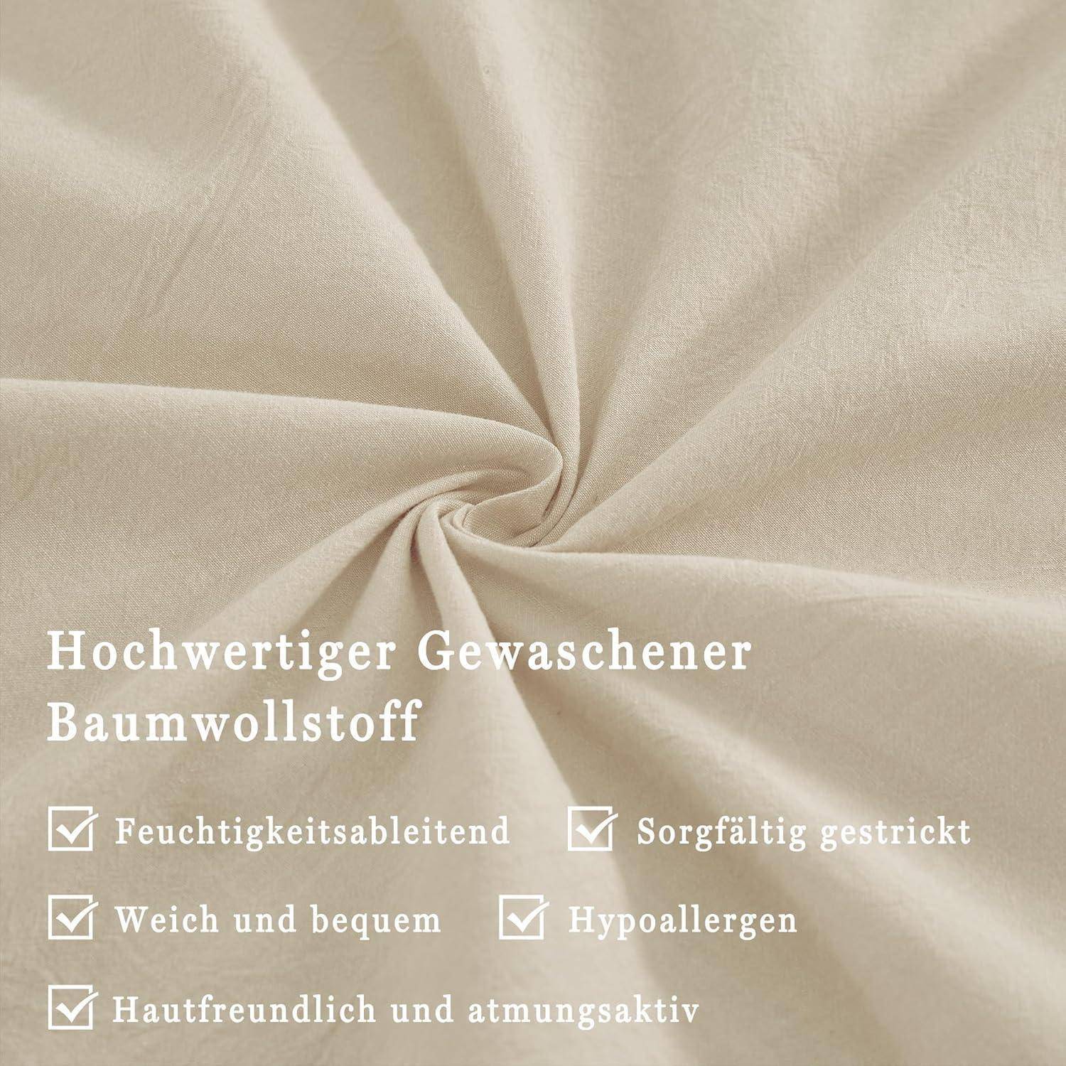 Beige Stoff mit Text auf Deutsch: 'Hochwertiger Gewaschener Baumwollstoff', mit Hervorhebung von Eigenschaften wie Feuchtigkeitsregulierung, Weichheit, Hypoallergenität, Hautfreundlichkeit, Atmungsaktivität.