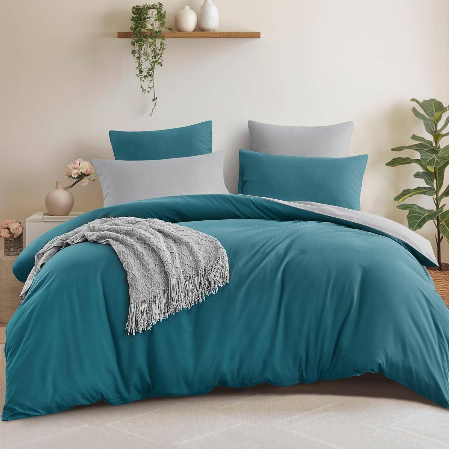 Bettwäsche 3teilig Bettbezug Kissenbezüge 80x80 200x200 Türkis Grau