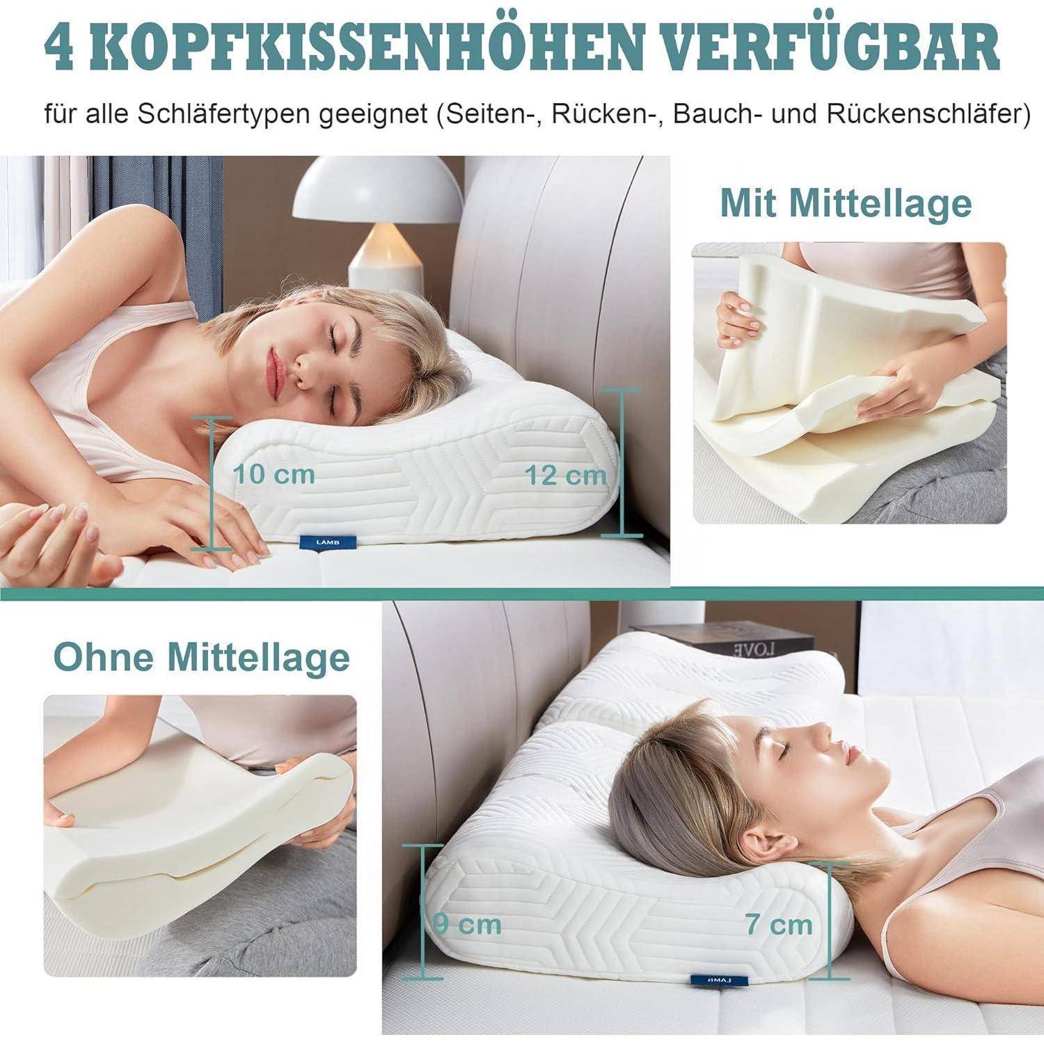 Eine Frau schläft auf einem konturierten Kissen mit folgenden Abmessungen: Länge 60 cm, Breite 35 cm, Höhe variabel (9 cm, 12 cm, 7 cm). Geeignet für alle Schlaftypen.