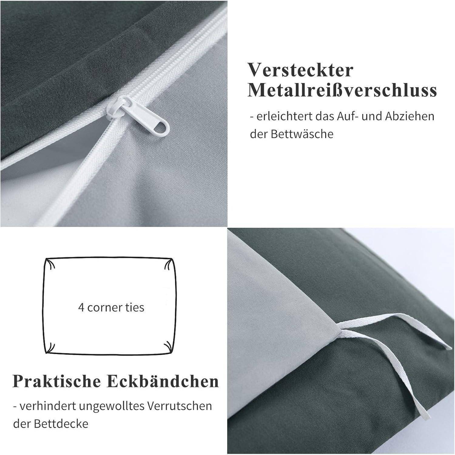 Detailaufnahmen eines Bettwäsche-Sets mit ‚Versteckter Metallreißverschluss', der einen verborgenen Reißverschluss hervorhebt, und ‚Praktische Eckbändchen', die Befestigungsbänder an den Ecken zeigen.
