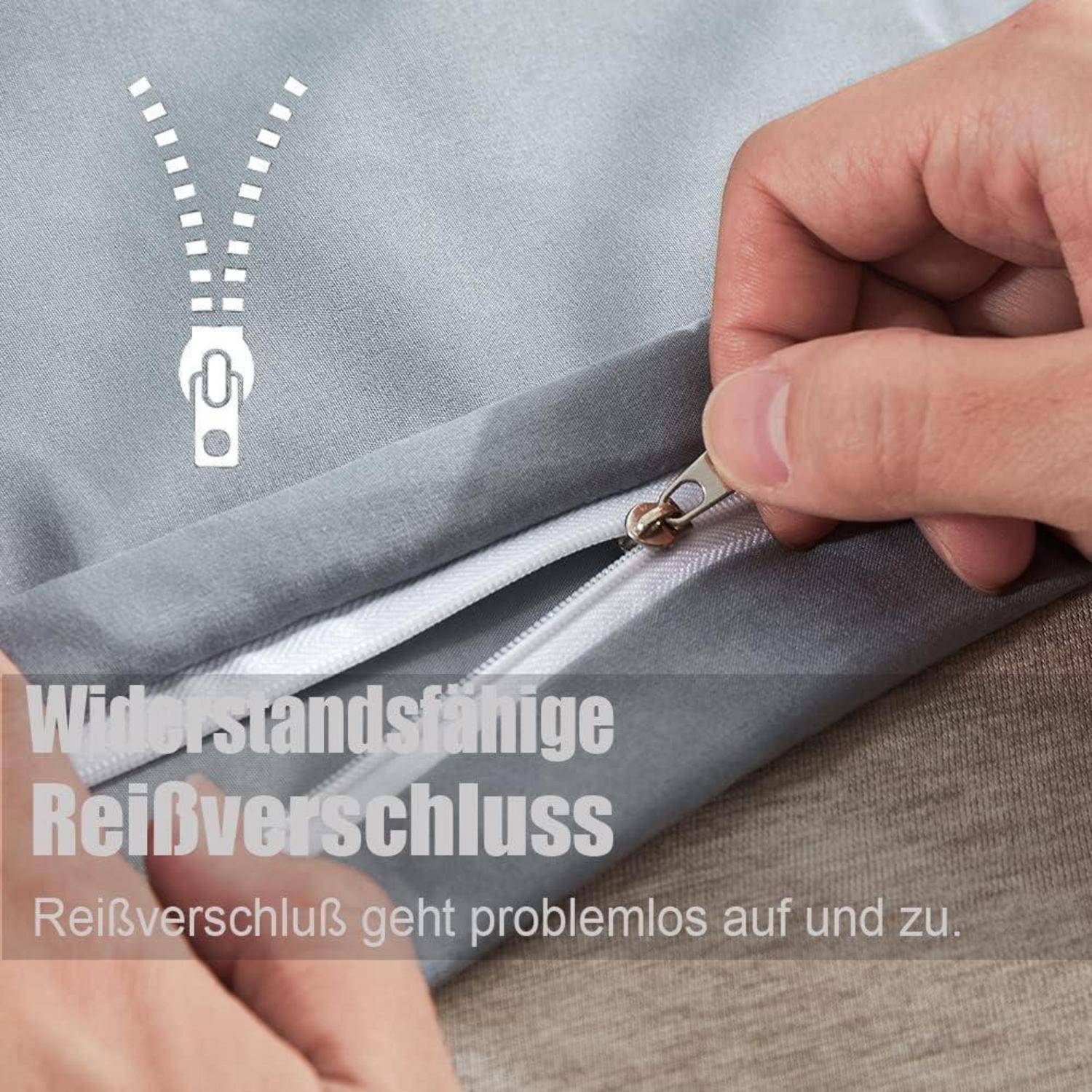 Eine Hand schließt einen robusten Reißverschluss an einem grauen Stoff. Der Text lautet: 'Widerstandsfähiger Reißverschluss geht problemlos auf und zu.