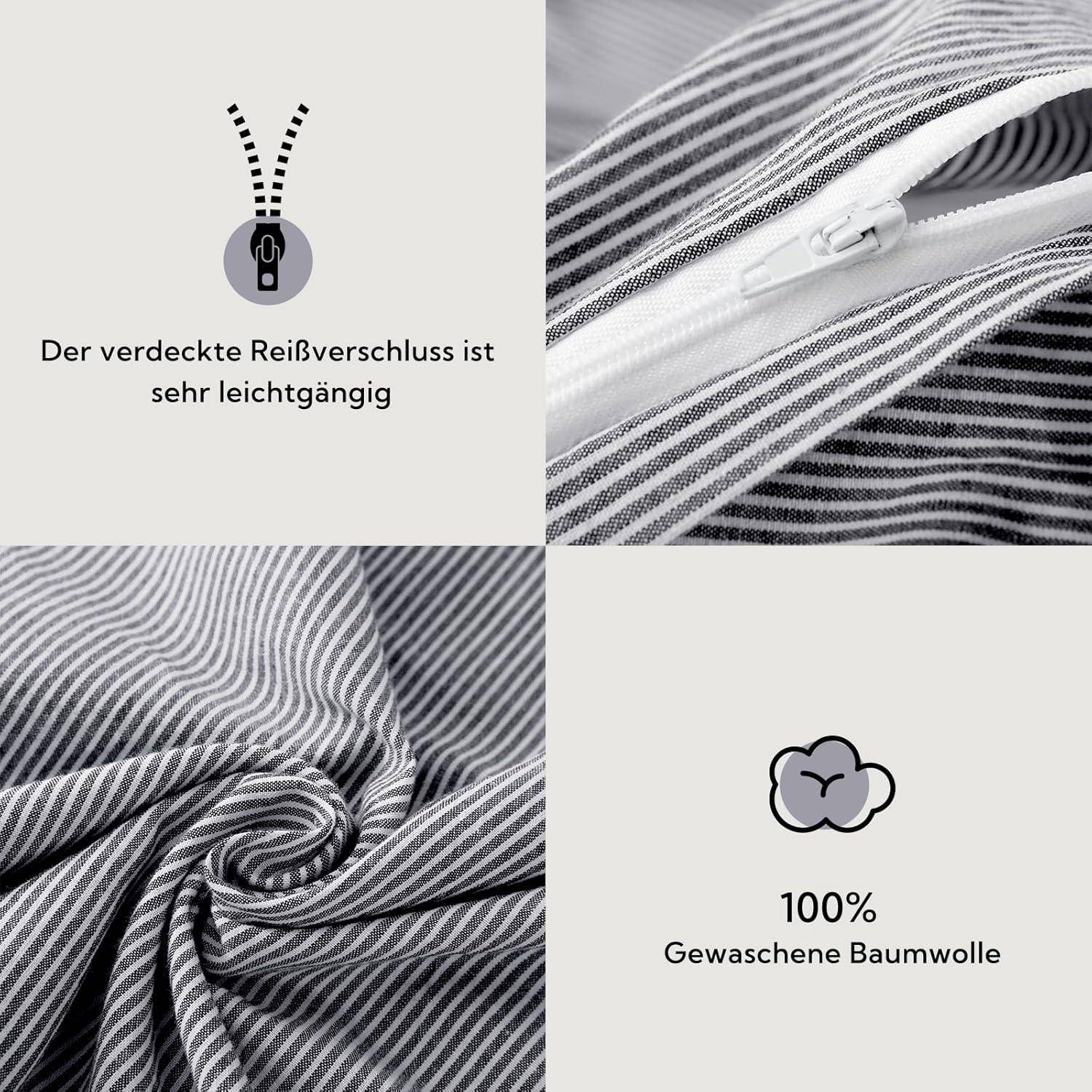 Der verdeckte Reißverschluss ist sehr leichtgängig' und '100% Gewaschene Baumwolle' betonen die Leichtgängigkeit des Reißverschlusses und die Baumwollqualität.