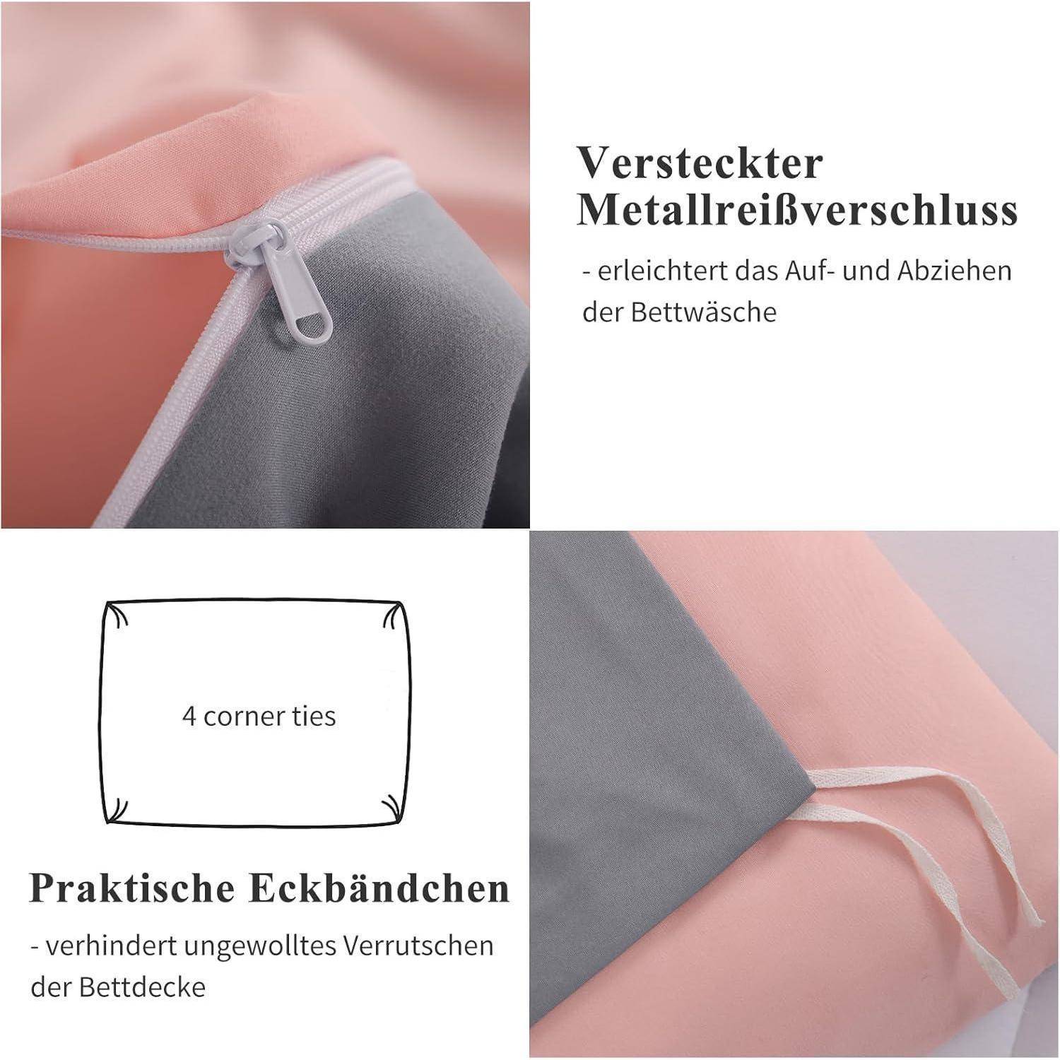Detailaufnahme der Bettwäsche mit verstecktem Metallreißverschluss und Eckbändchen zur Verhinderung des Verrutschens. Beinhaltet Texte: 