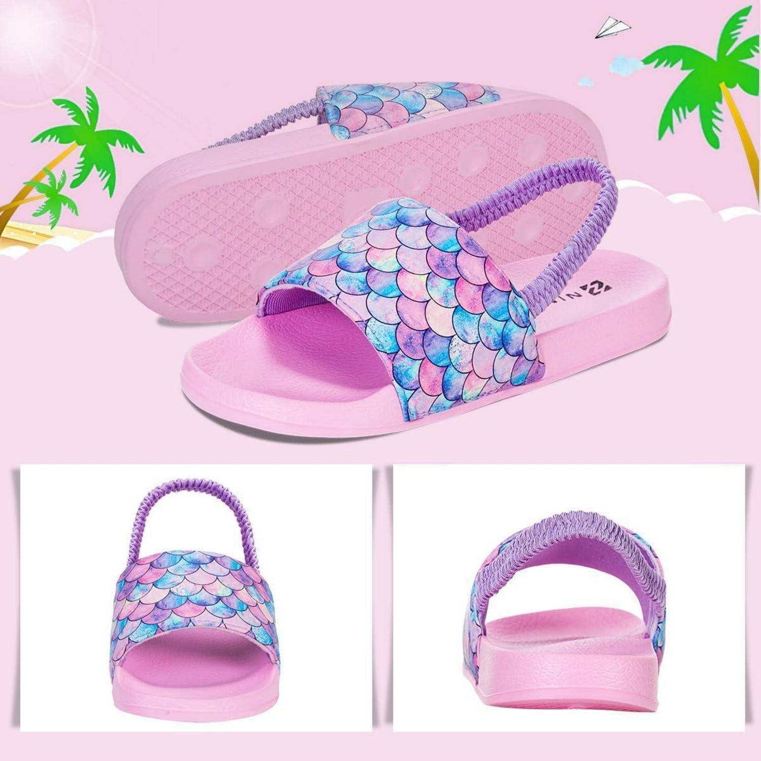 Kindersandalen mit einem Meerjungfrauenschuppen-Muster in Blau und Pink auf Display. Hintergrund zeigt Palmen und ein Papierflieger.