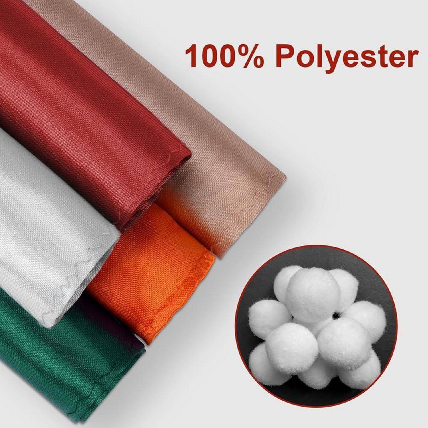 Vier Stoffrollen in Beige, Rot, Weiß und Grün sind mit dem Text '100% Polyester' dargestellt. Eine Detailaufnahme zeigt Polyesterfasern.