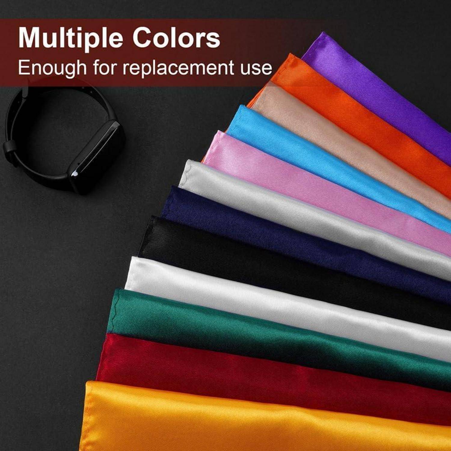 Stapel gefalteter, farbenfroher Stoffe in grün, rot, weiß, grau, blau, lila, pink und orange Tönen. Text lautet: 