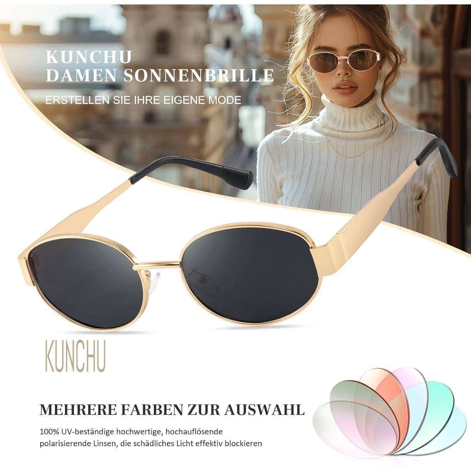 Sonnenbrille polarisiert Damen Herren oval Gold UV400 6 Dunkelgrün