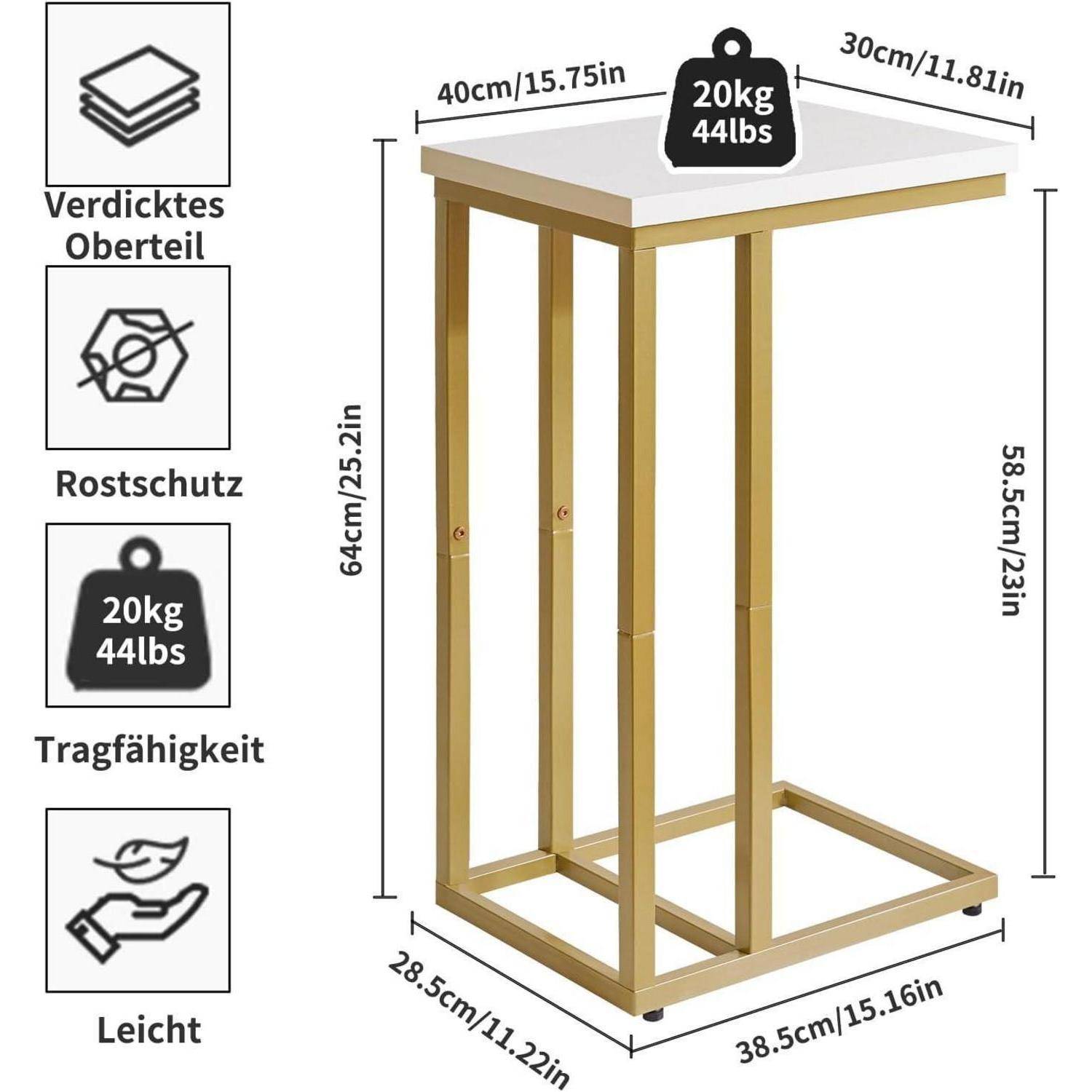 Schlanker Tisch mit goldenem Metallgestell; Platte 40cm x 30cm, Höhe 64cm. Belastbar bis zu 20kg. Rostbeständig, leicht.