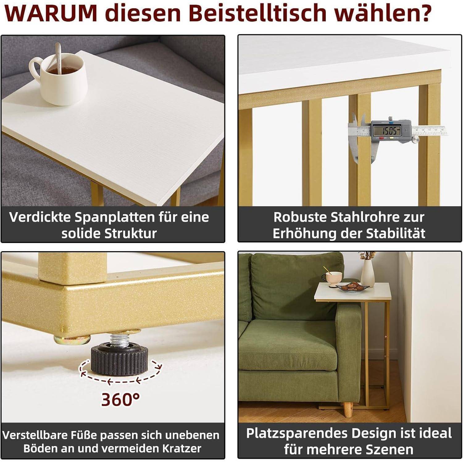 Beistelltisch C Form Couchtisch Wohnzimmer 1 Weiße und Goldene Beine