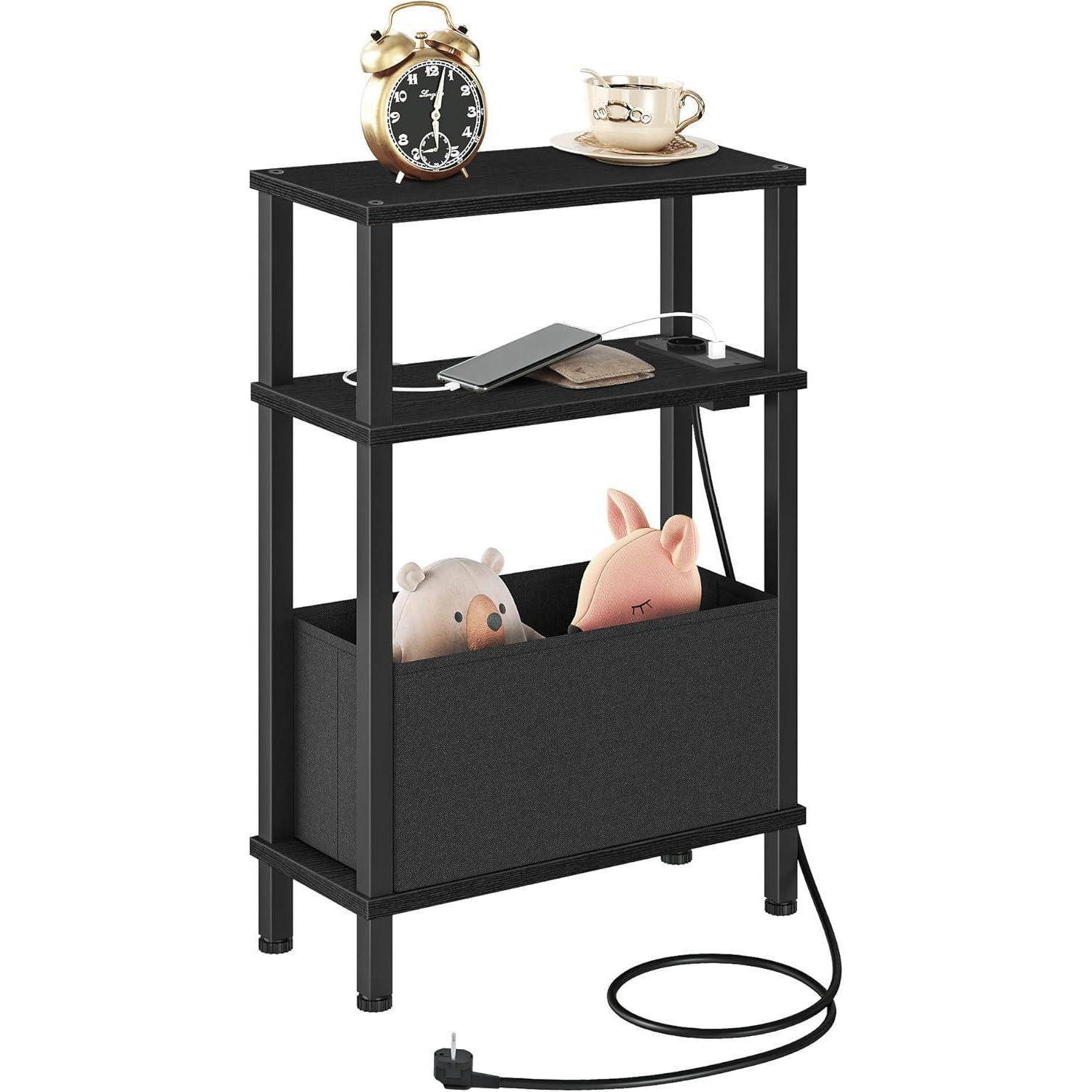 Beistelltisch 3stufig Ladestation Schublade Vlies Schwarz