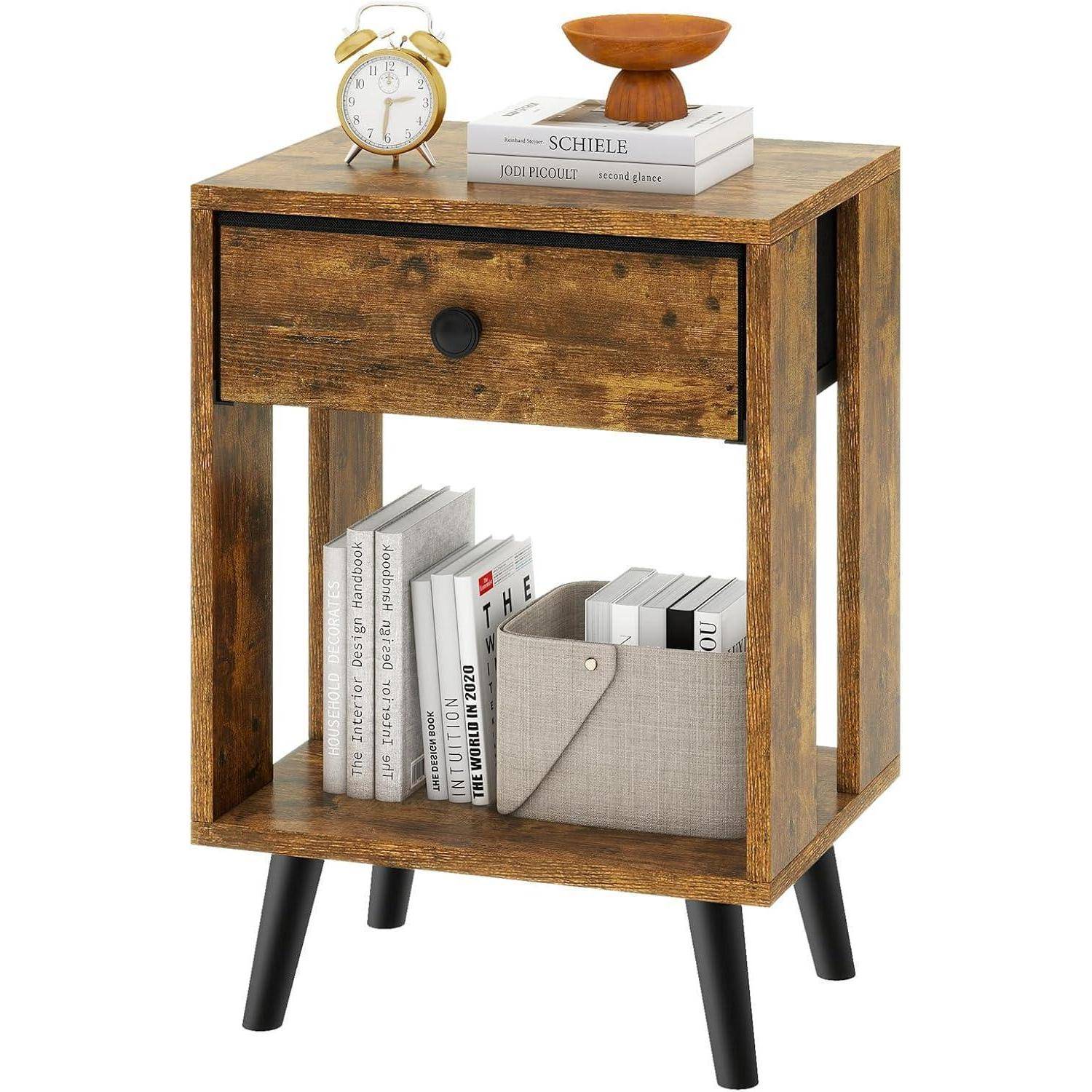 Nachttisch Stoffschubladen Massivholz Rustikales Braun Modern