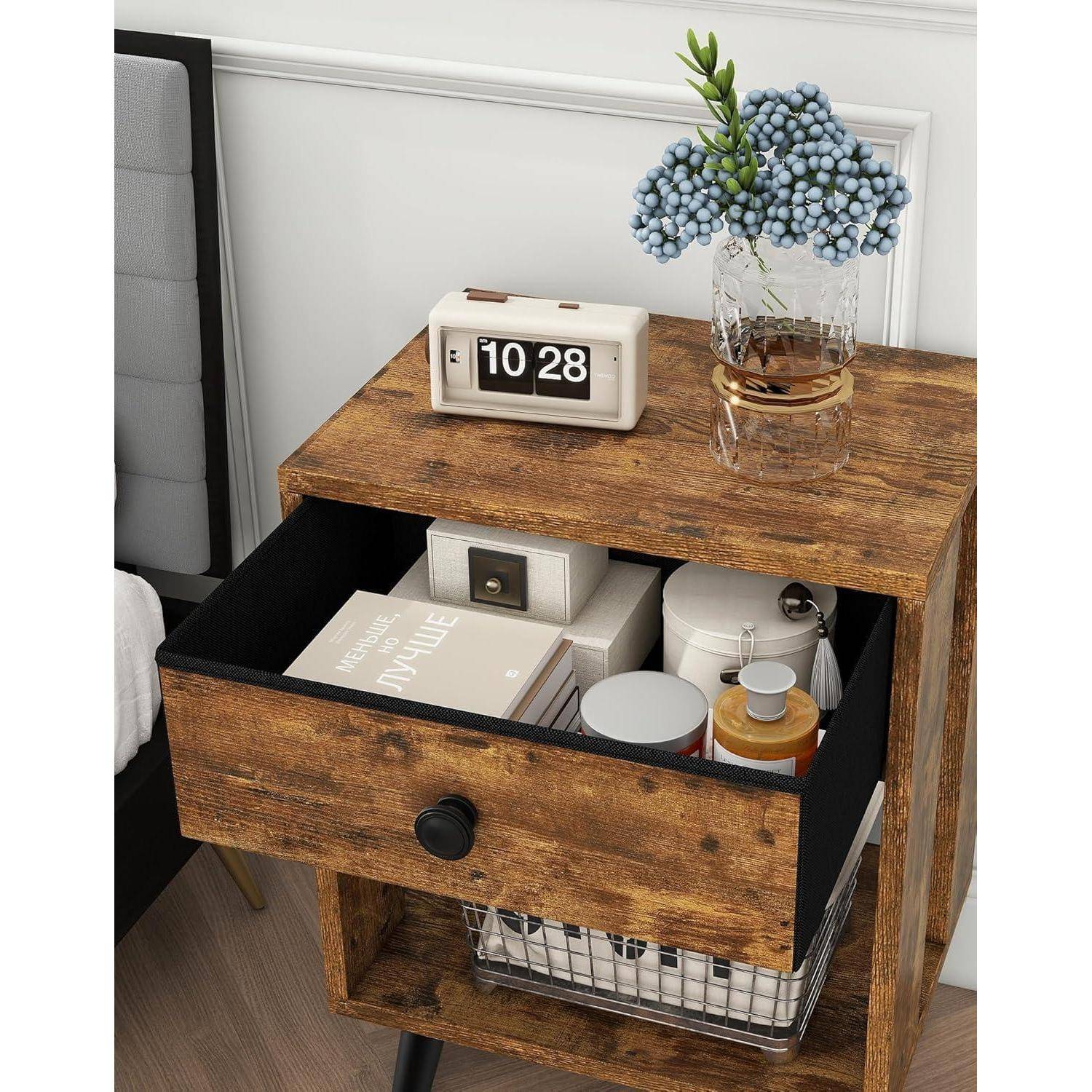 Nachttisch Stoffschubladen Massivholz Rustikales Braun Modern