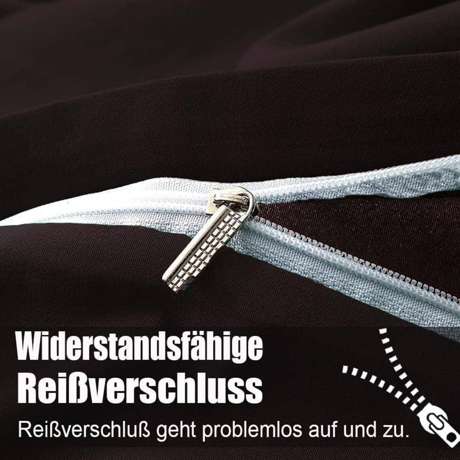Ein robuster Reißverschluss, der auf einem Stoff gezeigt wird, mit dem Text: 'Widerstandsfähiger Reißverschluss - Reißverschluss geht problemlos auf und zu.