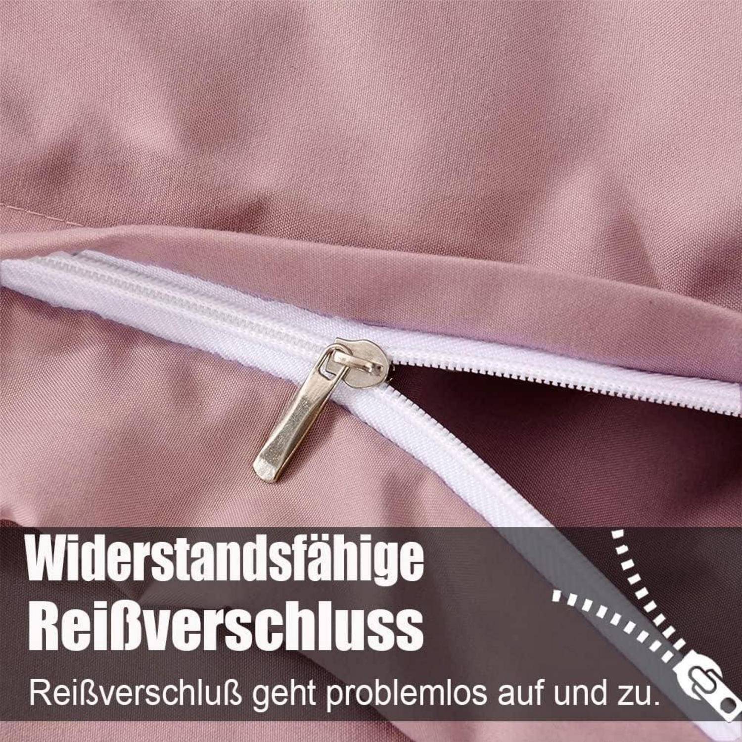 Ein haltbarer Reißverschluss wird auf rosa Stoff gezeigt, wobei sein glattes Öffnen und Schließen gemäß dem beschreibenden Text betont wird.