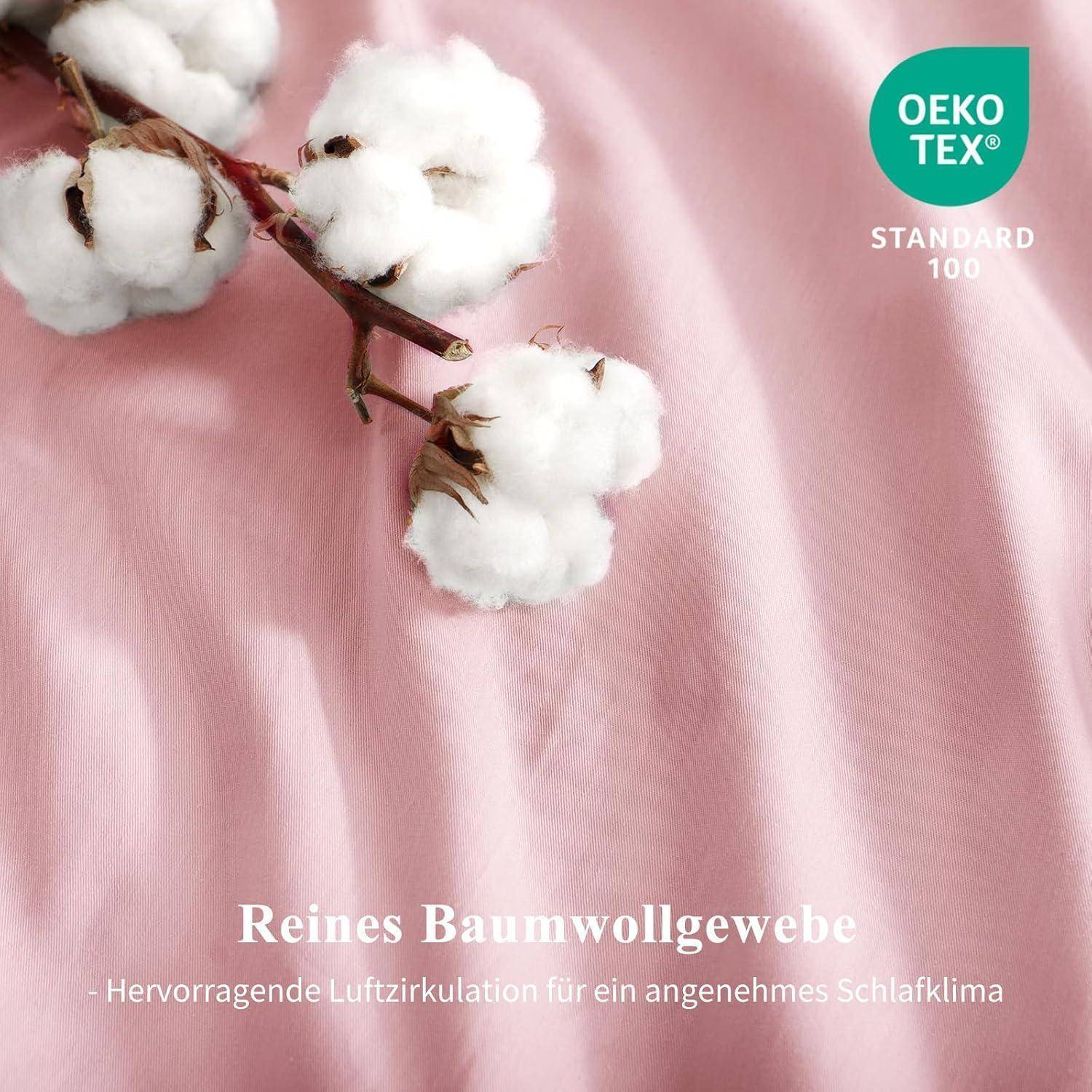 Baumwollzweig auf rosa Stoff mit Text 'Reines Baumwollgewebe - Hervorragende Luftzirkulation für ein angenehmes Schlaferlebnis' und OEKO-TEX Logo.