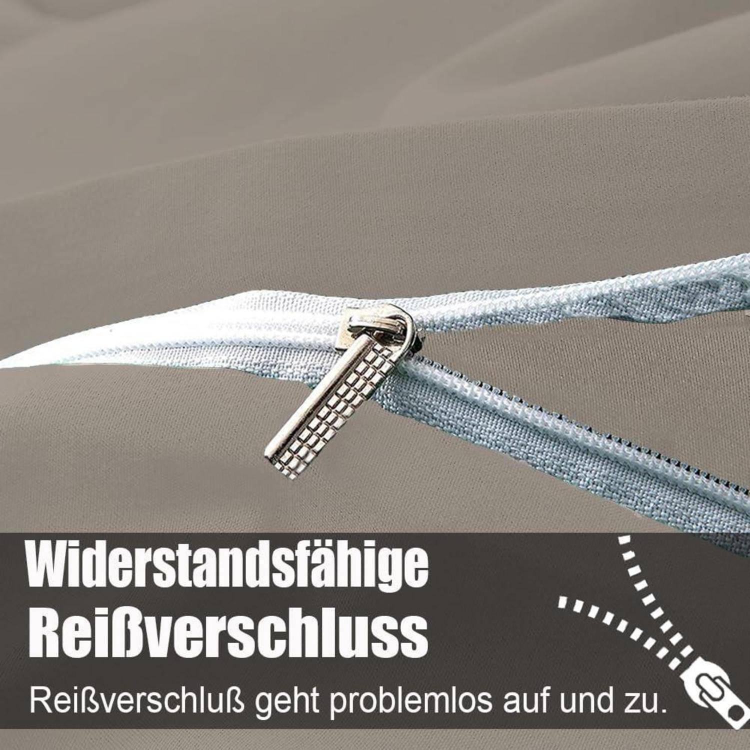 Ein Reißverschluss, teilweise geöffnet, zeigt verstärkte Nähte. Text lautet: 'Widerstandsfähige Reißverschlüsse. Reißverschluss geht problemlos auf und zu.