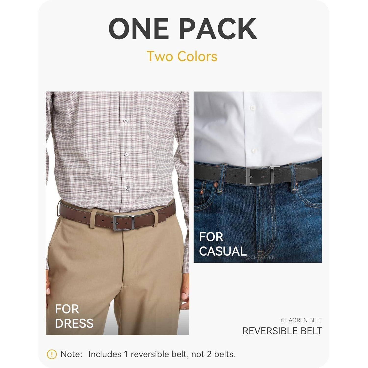Ein Wendegürtel ‚One Pack, Two Colors', der in zwei Einstellungen gezeigt wird: passend zu Anzughosen für formelle Anlässe und zu Jeans für lässige Gelegenheiten.