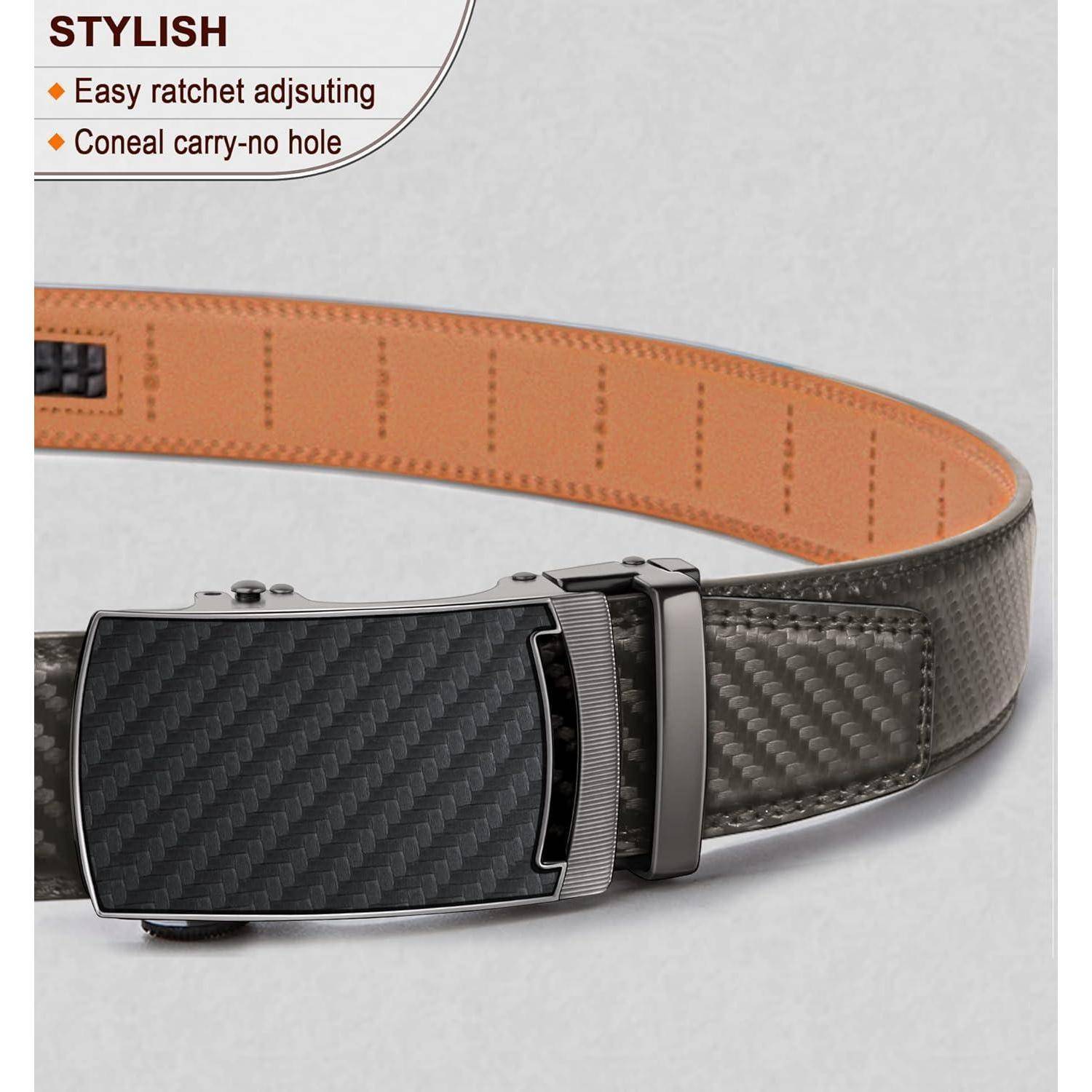 Ein stilvoller Gürtel mit Karbonfaser-Muster, einfacher Ratschenverschlussung und ohne Löcher, speziell für verdecktes Tragen konzipiert.