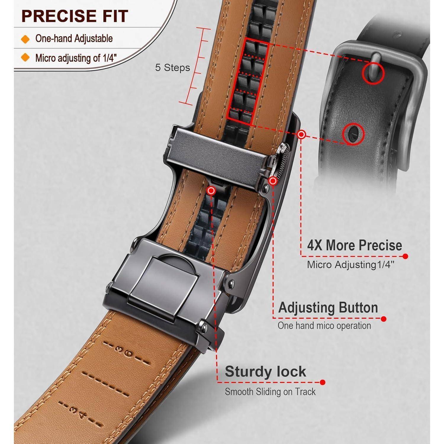 Bild eines Ledergürtels mit folgenden Merkmalen: präziser Sitz mit Mikro-Verstellung, robuster Verschluss, Verstellknopf, gleitend auf der Schiene.