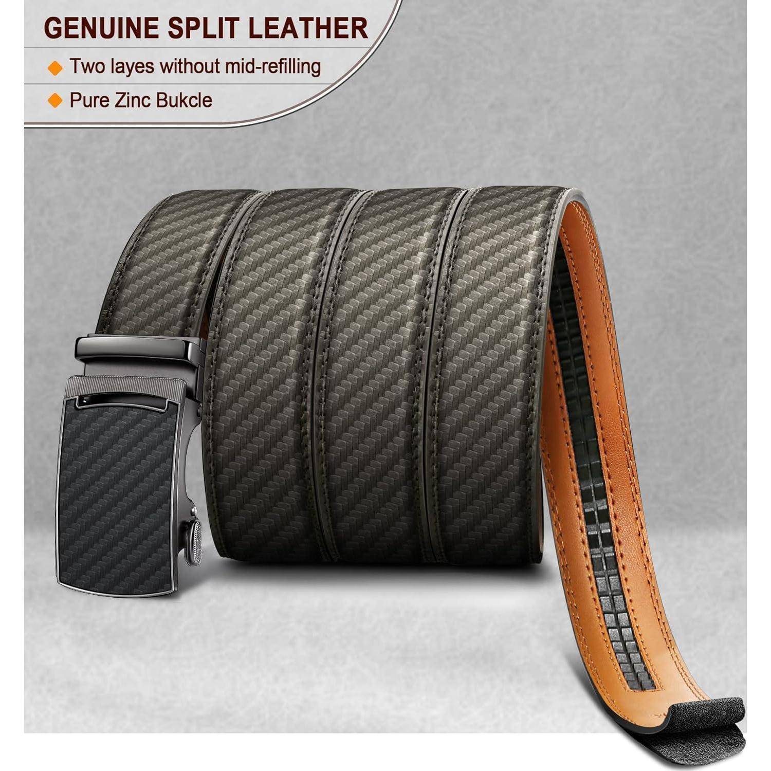 Ein Gürtel mit Karbonfaser-Textur und einer Metallschnalle, vertikal und horizontal präsentiert, mit der Aufschrift 