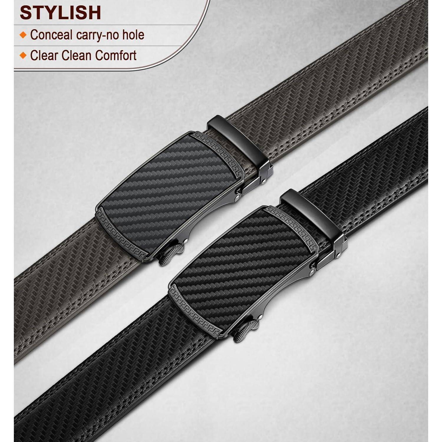 Zwei stilvolle Kohlefaser-Gürtel mit durchgehender Konstruktion werden präsentiert. Text lautet: 