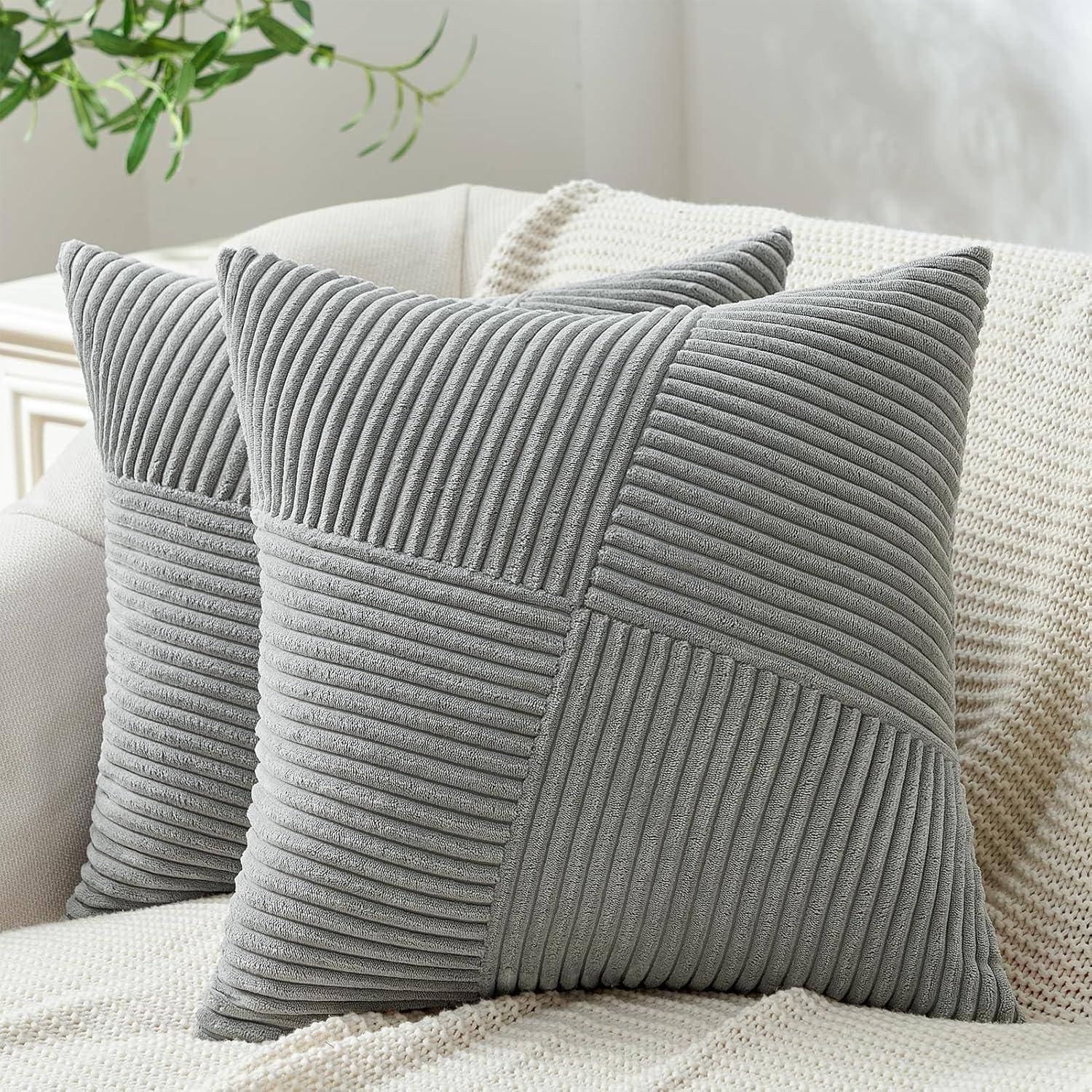 Kissenbezug 50x50 Grau Kordsamt 2er Set Windmühle Streifen Muster Sofa