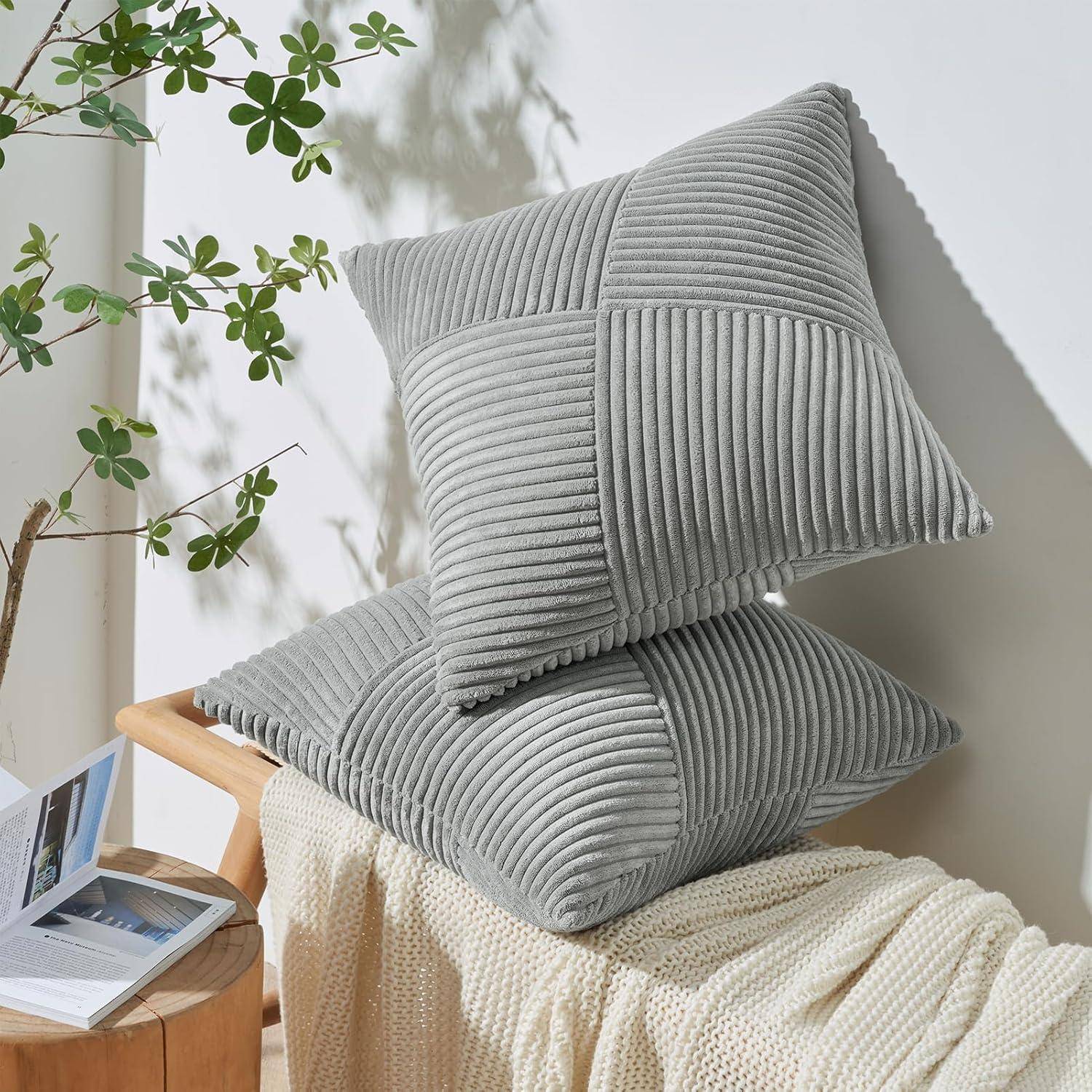 Kissenbezug 50x50 Grau Kordsamt 2er Set Windmühle Streifen Muster Sofa