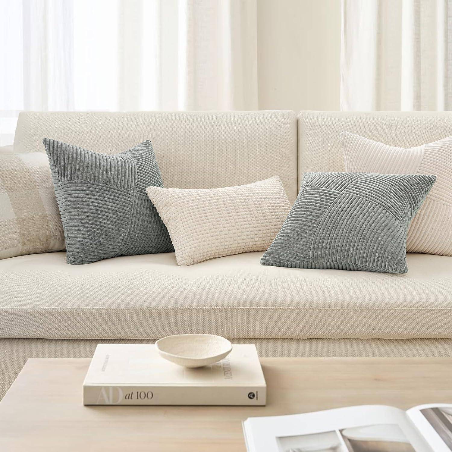 Kissenbezug 50x50 Grau Kordsamt 2er Set Windmühle Streifen Muster Sofa